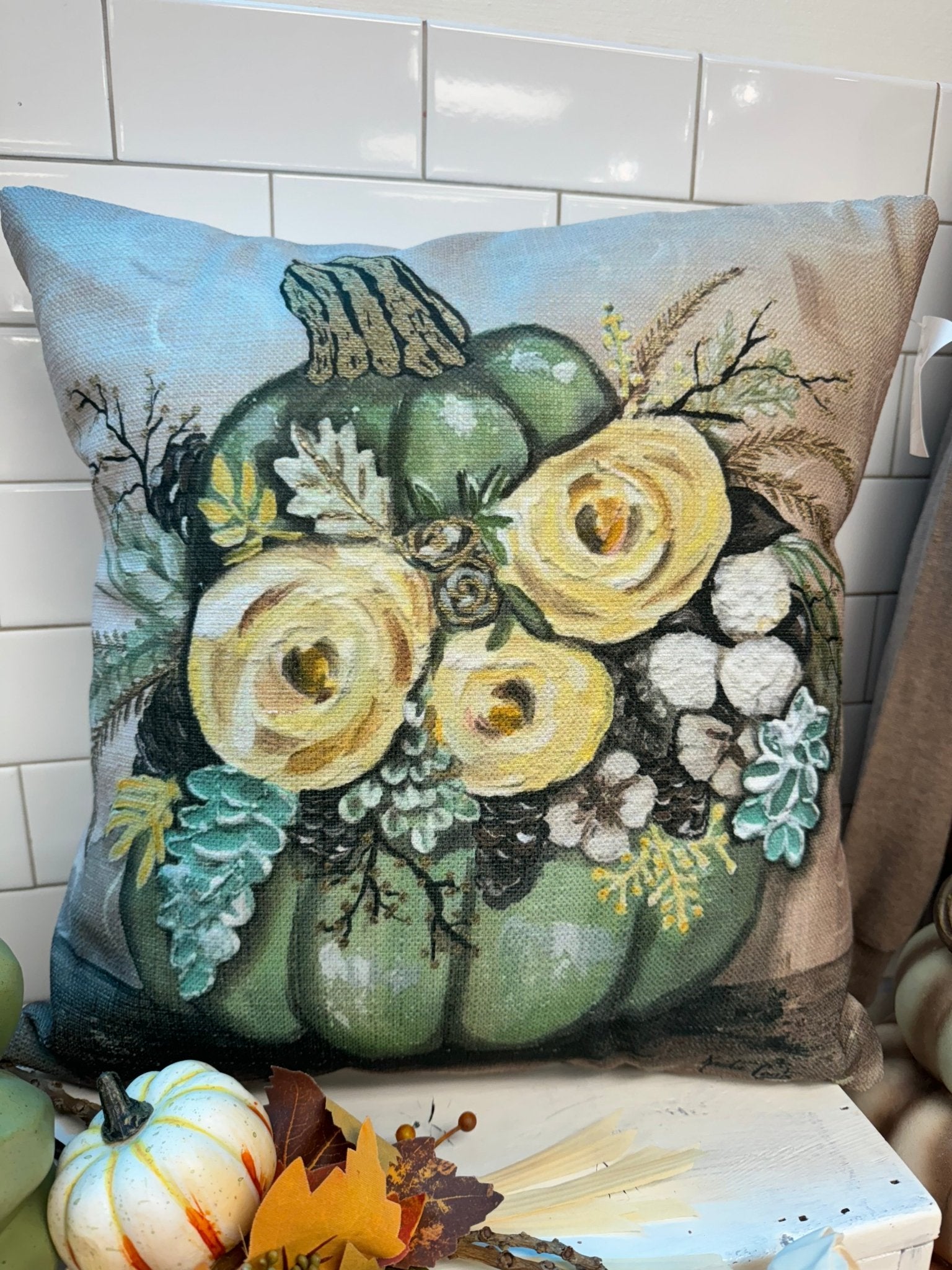 Kristie's Seafoam Pumpkin With Flowers 18" Pillow - Jessi Jayne Boutique