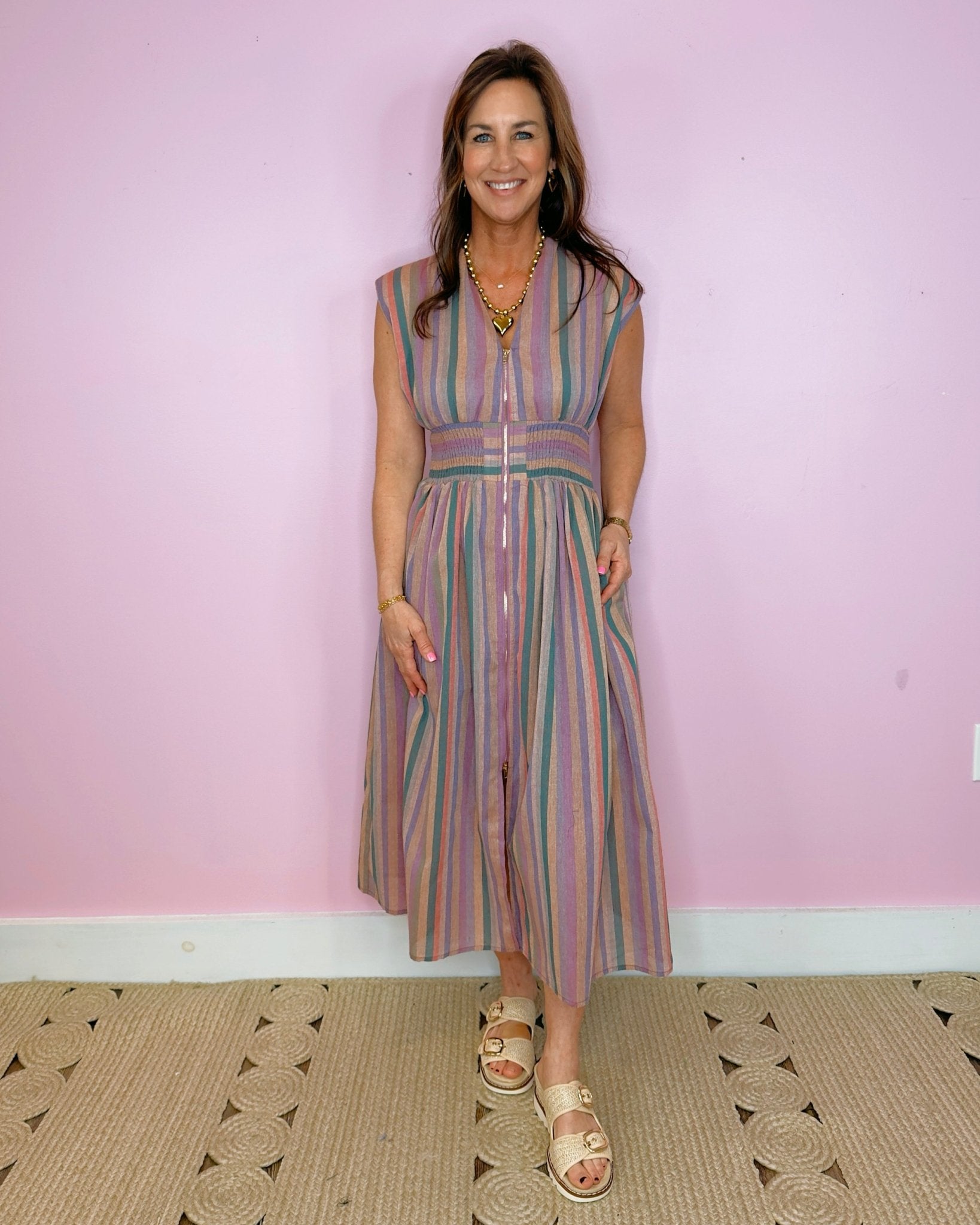 Cross My Mind Striped Zip Front Midi Dress - Jessi Jayne Boutique