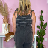 Take A Chance Black Wash Relaxed Fit Smocked Jumpsuit - Jessi Jayne Boutique