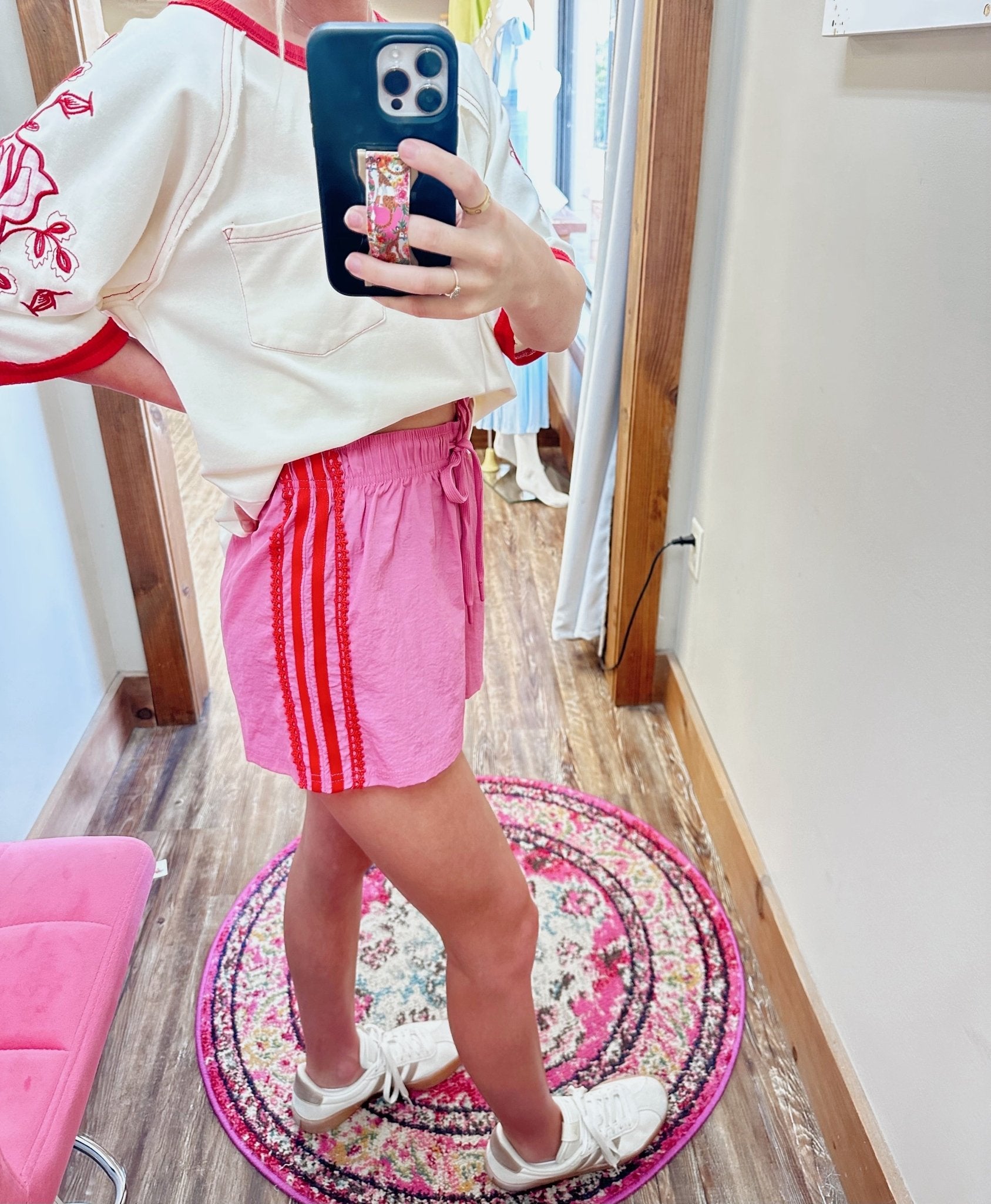 Side Stripe Lace Trim Activewear Shorts - Jessi Jayne Boutique