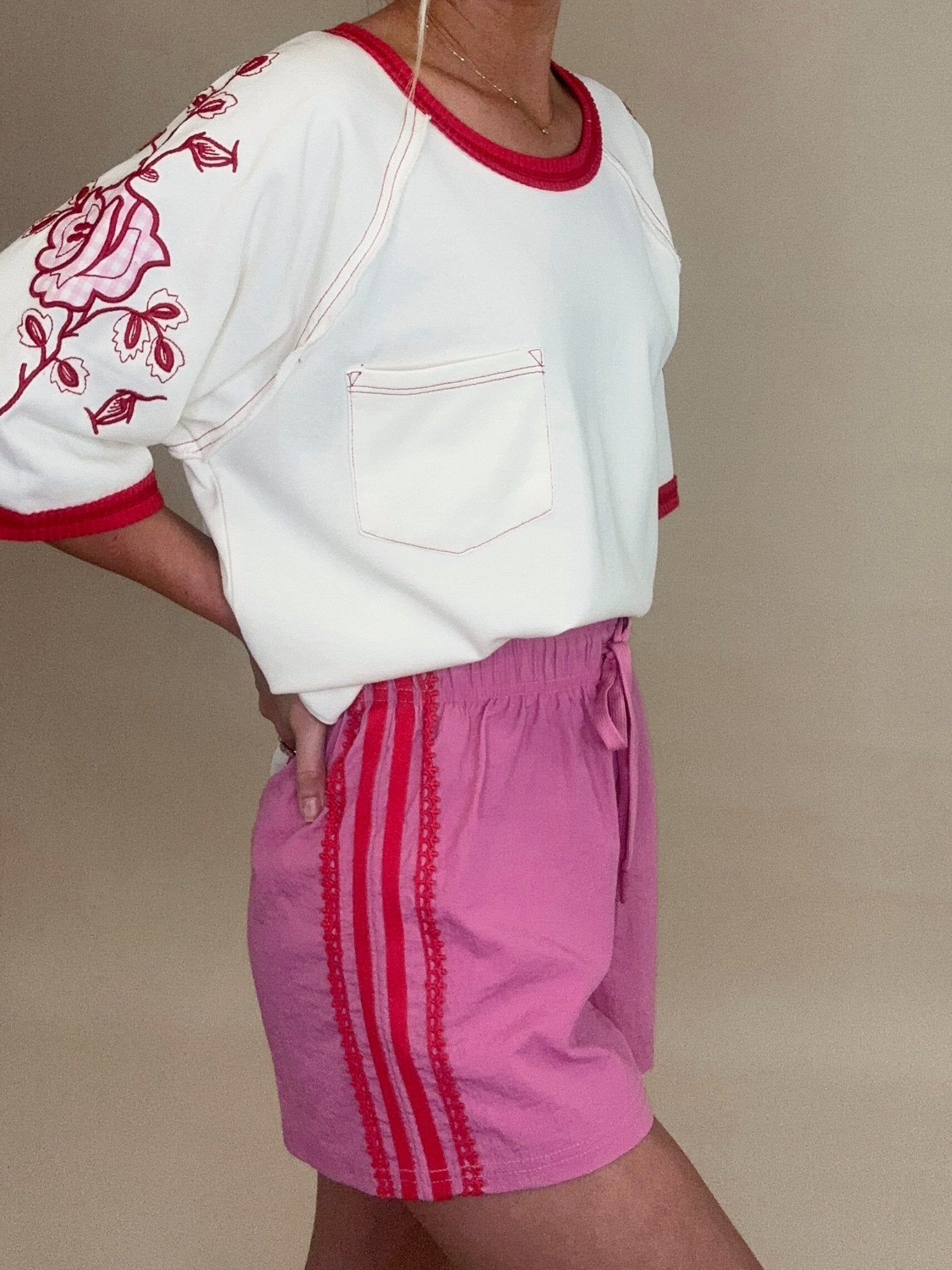 Side Stripe Lace Trim Activewear Shorts - Jessi Jayne Boutique