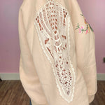 Calling The Shots Taupe Floral Embroidery Lace Detail Cropped Sweatshirt - Jessi Jayne Boutique