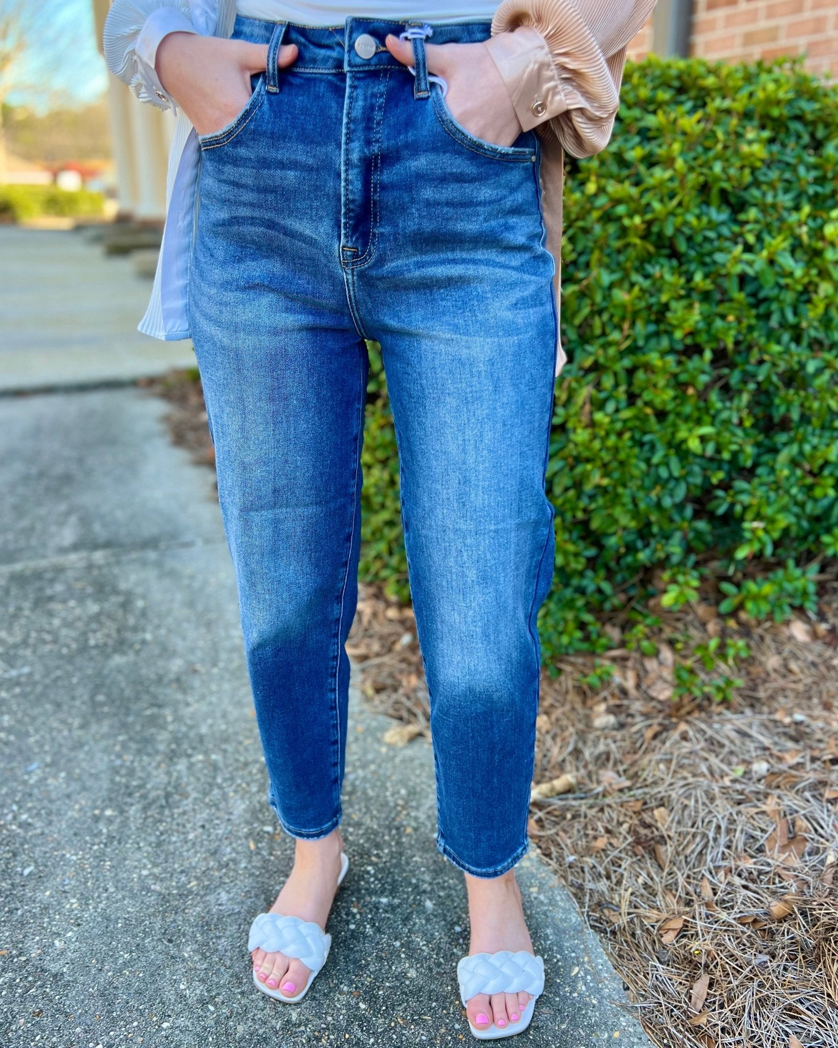 Don't Really Care Dark High Rise Curved Balloon Jeans 26" Inseam - Jessi Jayne Boutique