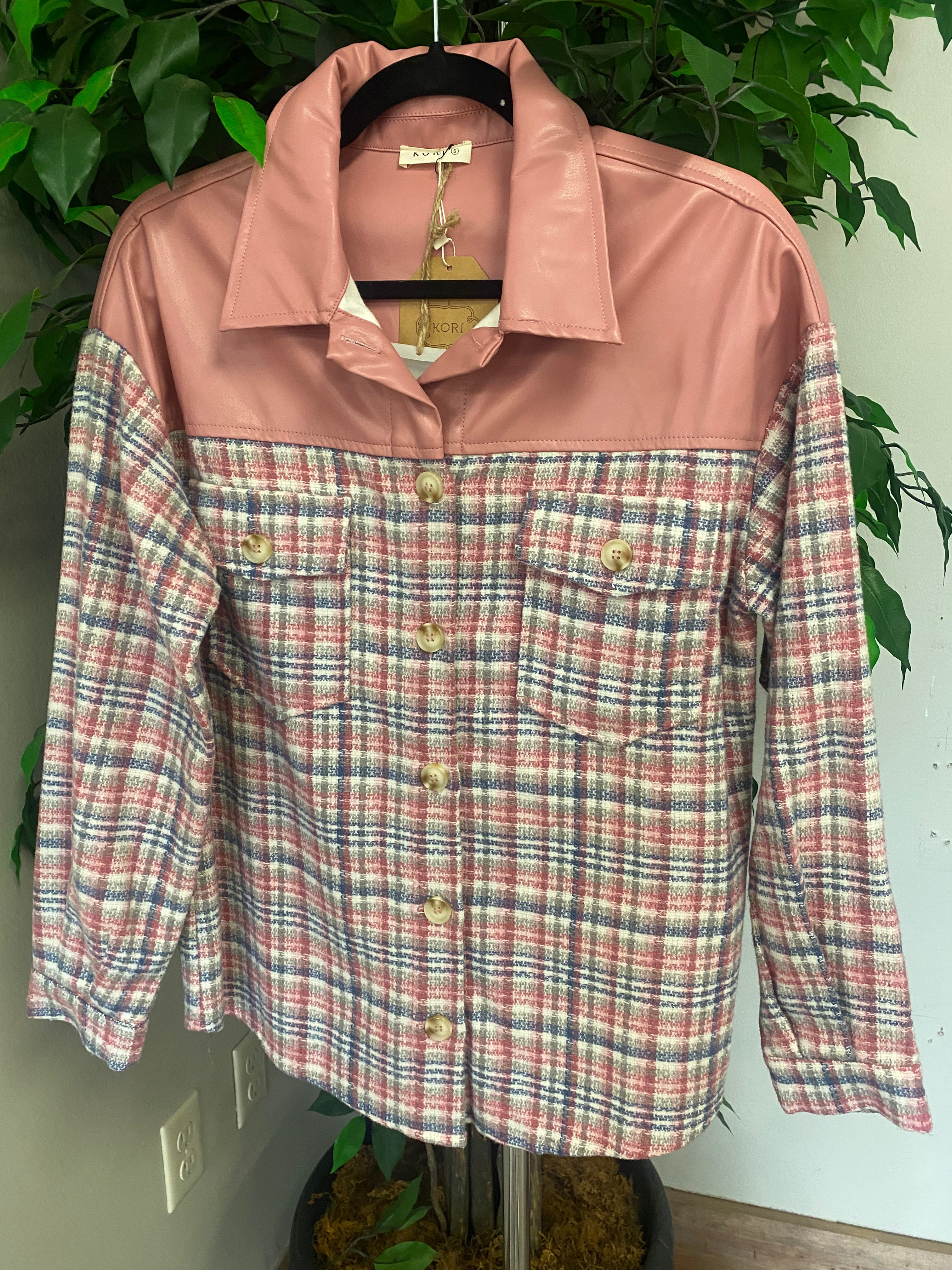 Til It's Over Mauve Leather And Plaid Button Up Shacket - Jessi Jayne Boutique
