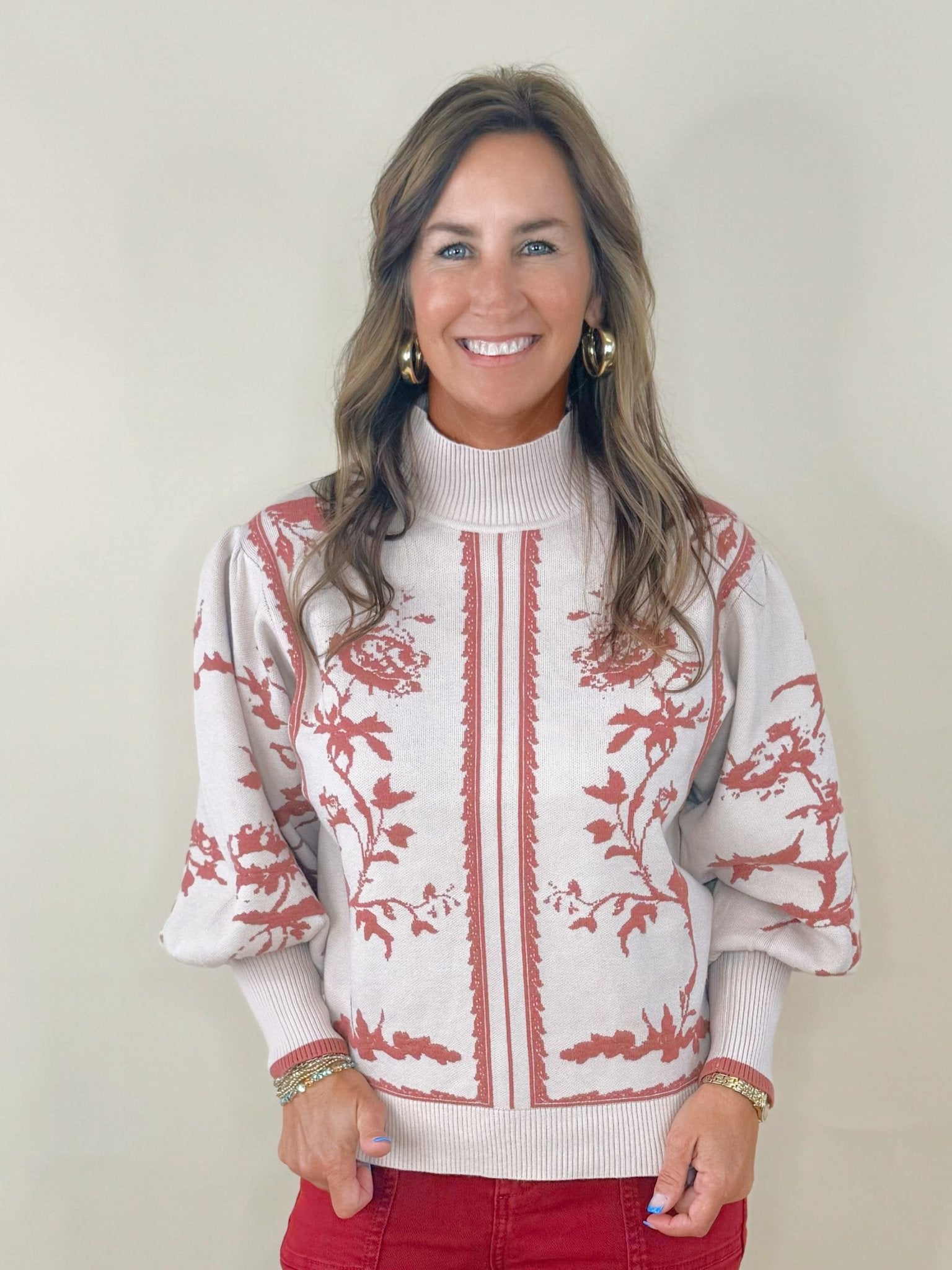 Vintage Vine Puff Sleeve Sweater - Jessi Jayne Boutique