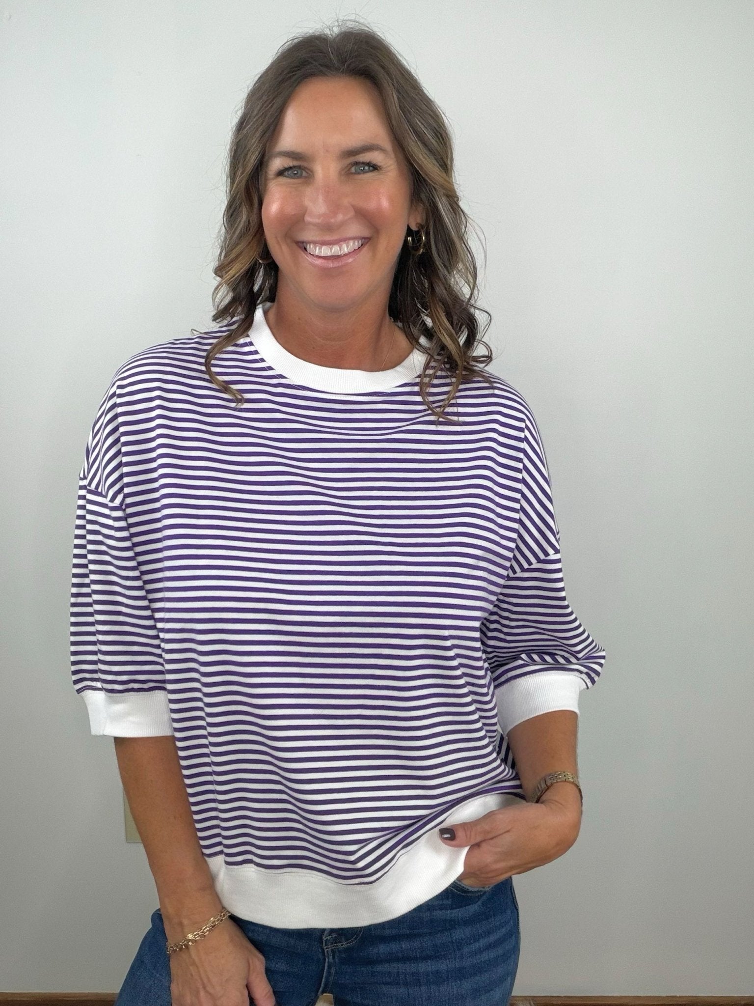 Purple Everyday Stripe Contrast Trim Top - Jessi Jayne Boutique