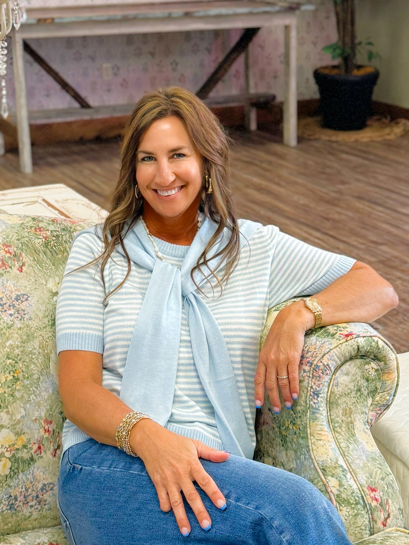 Blue Stripe Sweater Knit Top and Shawl Set - Jessi Jayne Boutique
