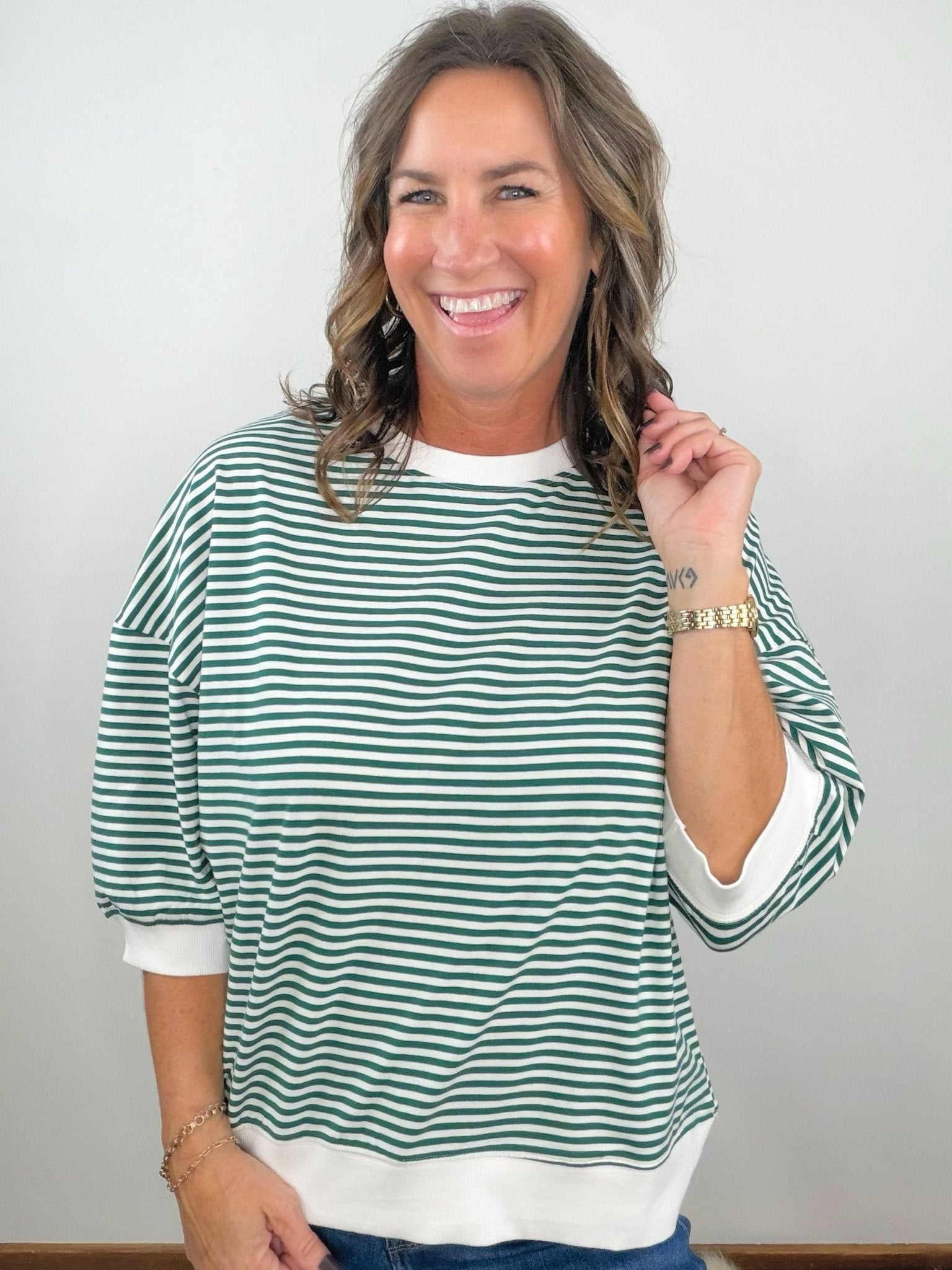 Green Everyday Stripe Contrast Trim Top - Jessi Jayne Boutique