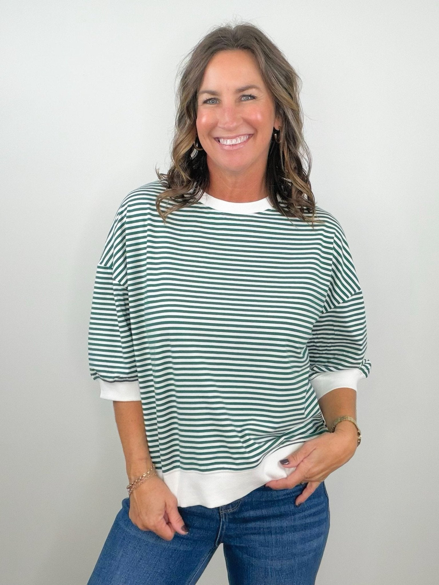 Green Everyday Stripe Contrast Trim Top - Jessi Jayne Boutique