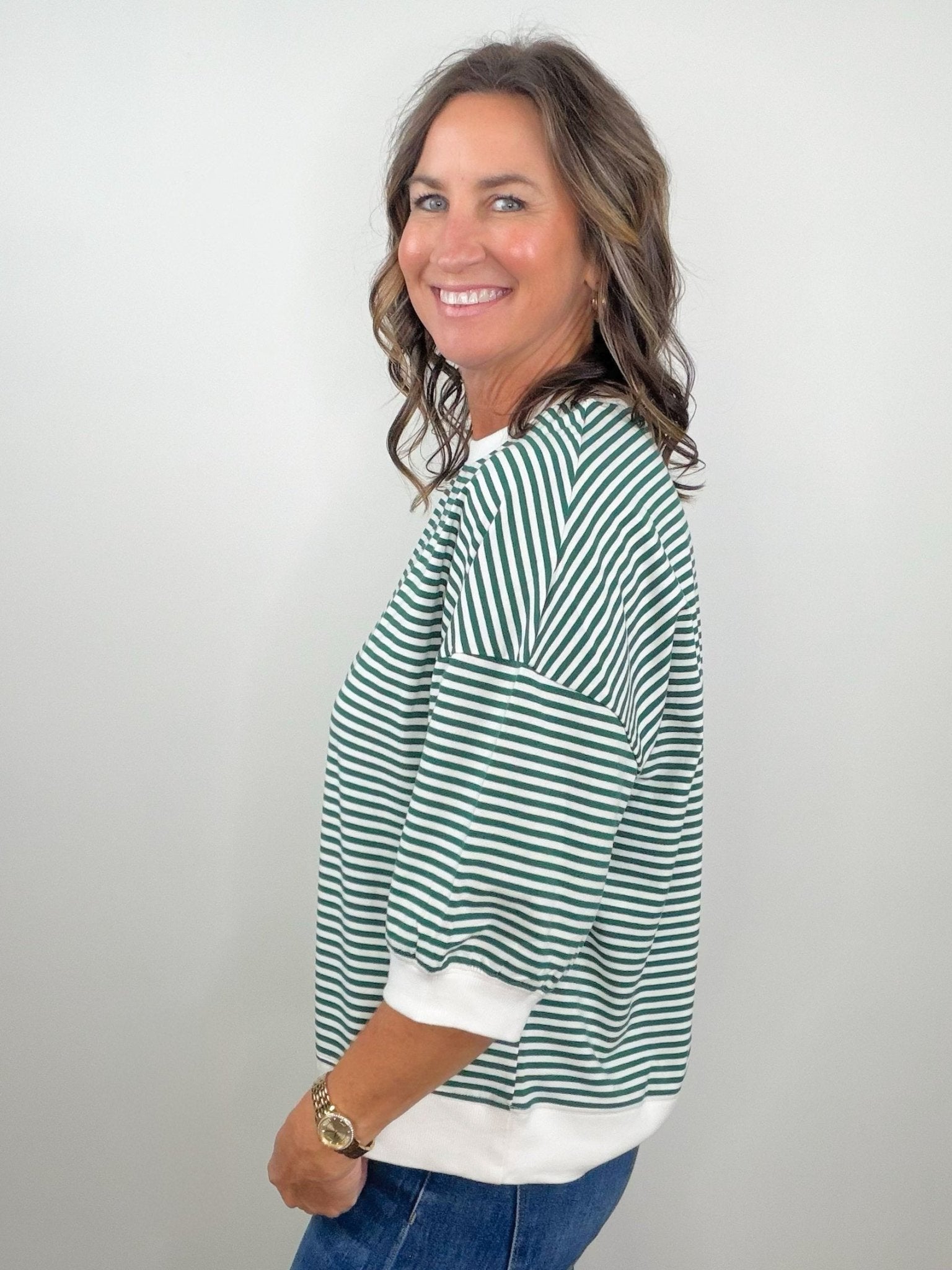 Green Everyday Stripe Contrast Trim Top - Jessi Jayne Boutique