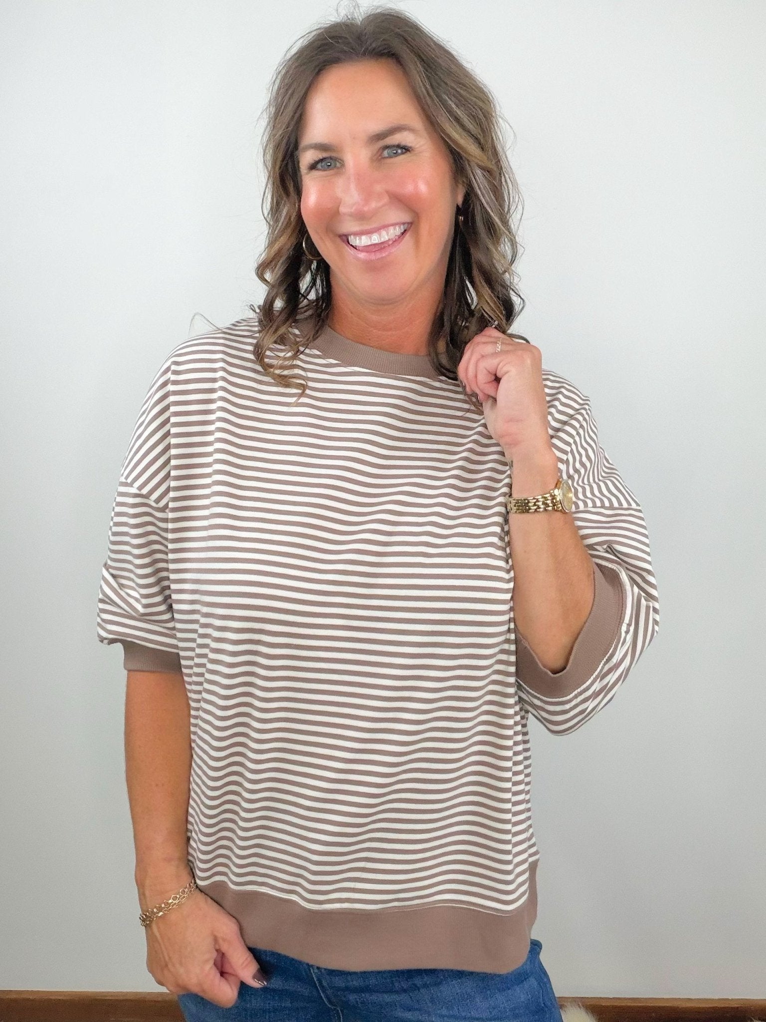 Mocha Everyday Stripe Contrast Trim Top - Jessi Jayne Boutique