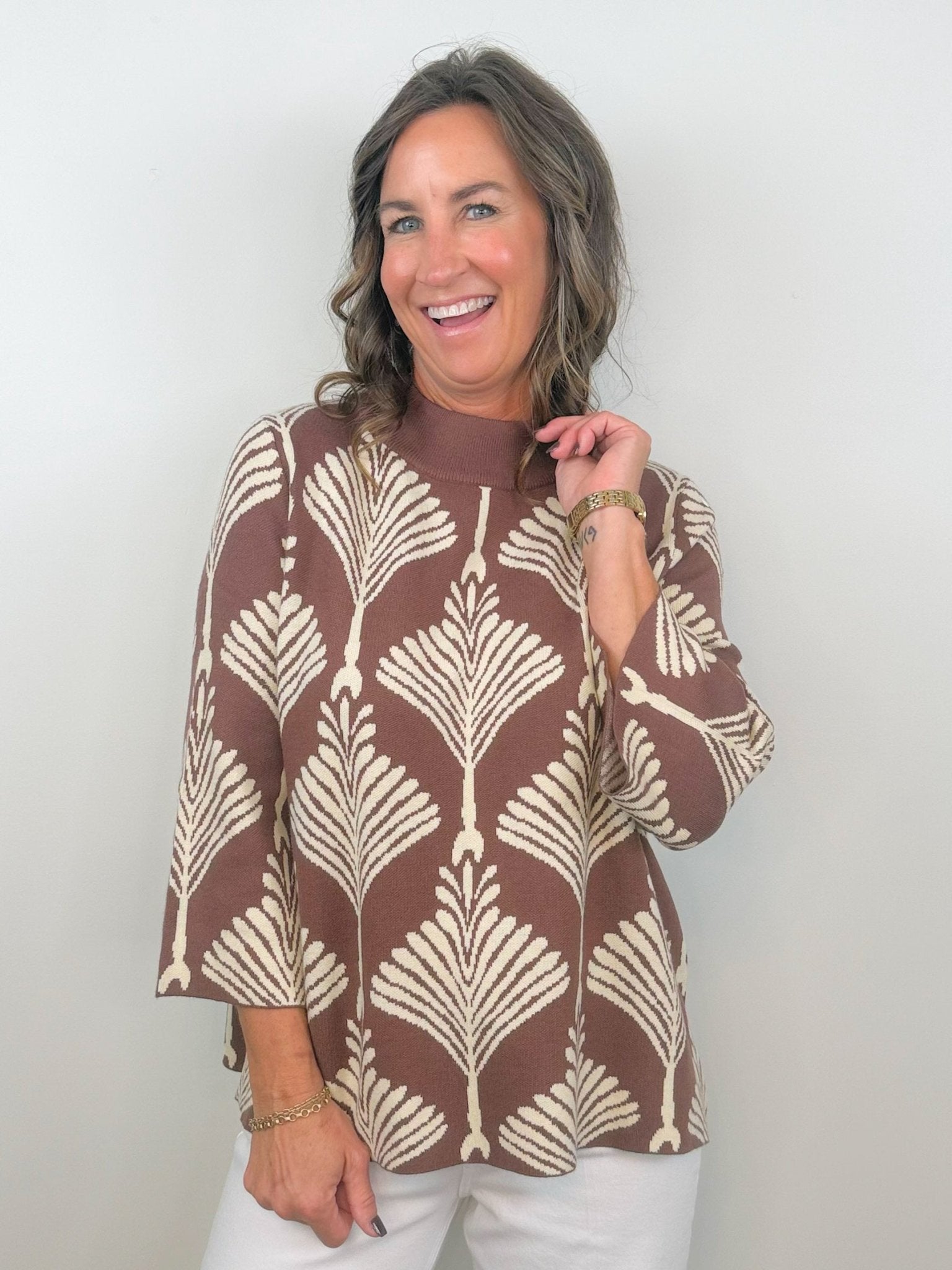 Cocoa Lines Mock Neck Sweater Top - Jessi Jayne Boutique