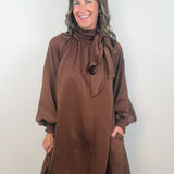 Chocolate Satin Tie Neck Dress