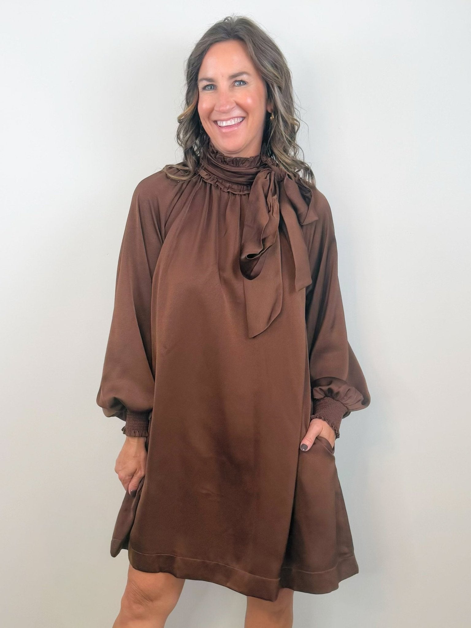 Chocolate Satin Tie Neck Dress - Jessi Jayne Boutique