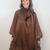 Chocolate Satin Tie Neck Dress