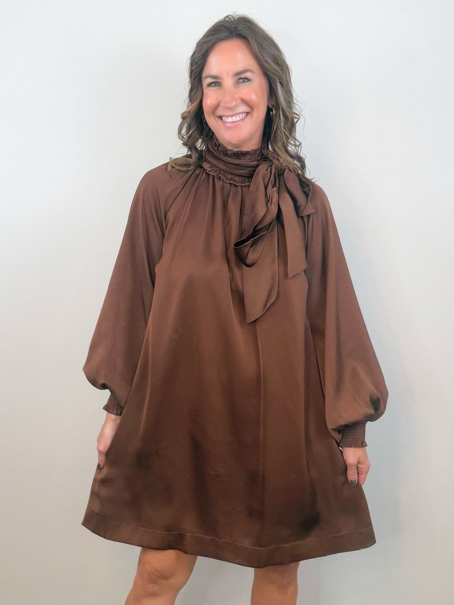 Chocolate Satin Tie Neck Dress - Jessi Jayne Boutique