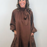Chocolate Satin Tie Neck Dress