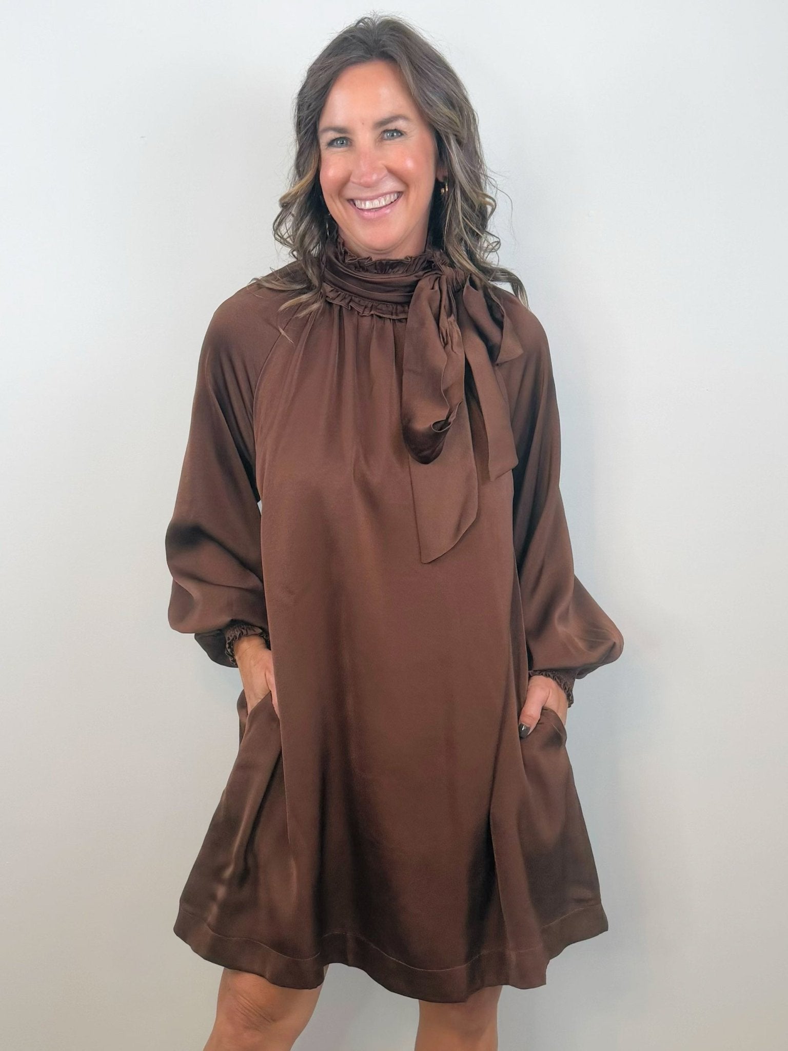 Chocolate Satin Tie Neck Dress - Jessi Jayne Boutique