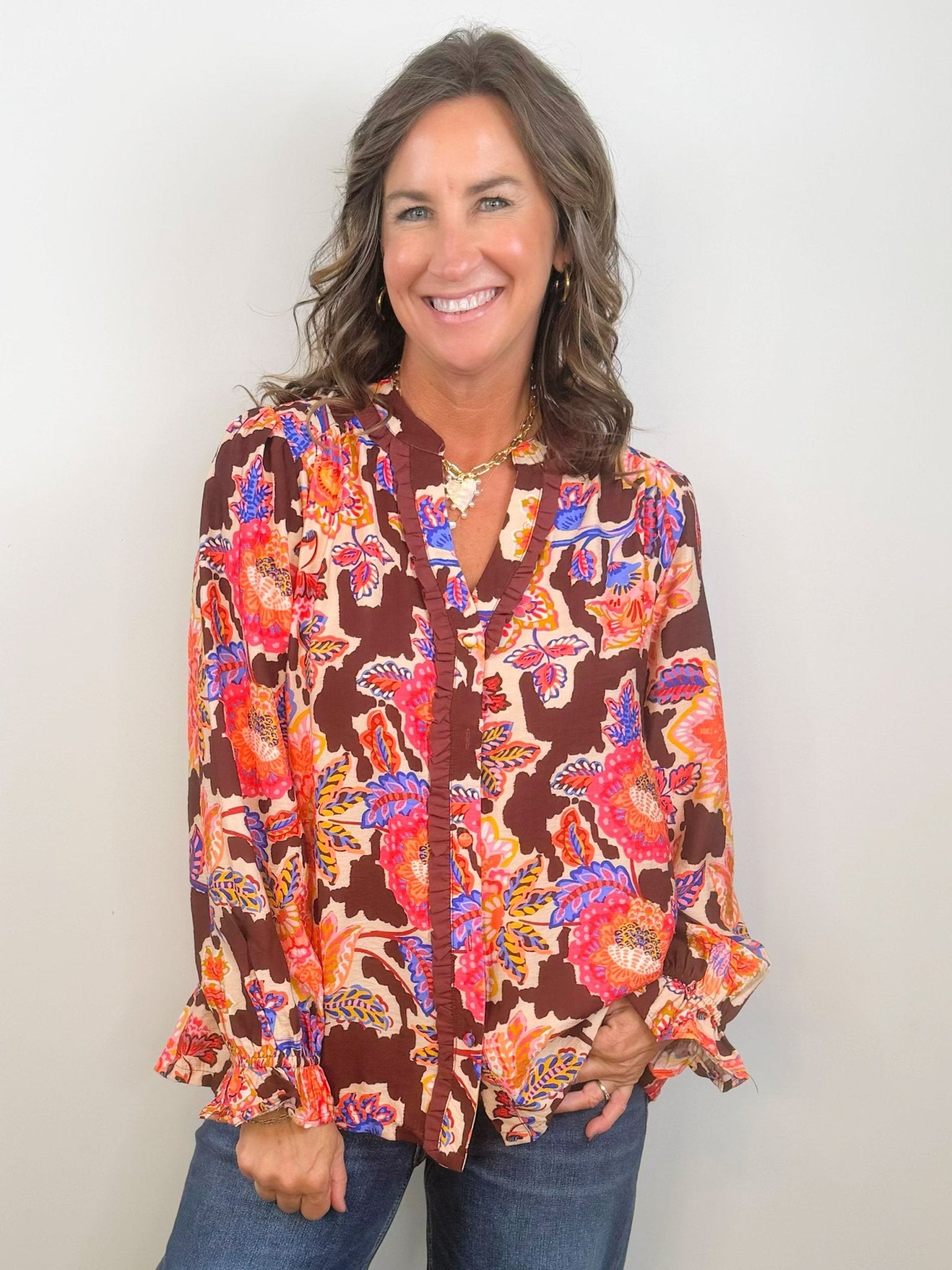 Brown Sugar Blooms Ruffle Trim Blouse - Jessi Jayne Boutique