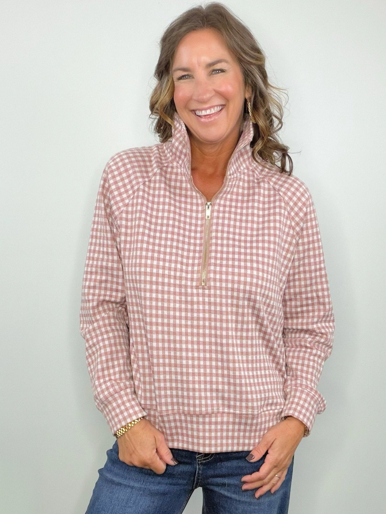 Mauve Gingham Quarter Zip Pullover - Jessi Jayne Boutique