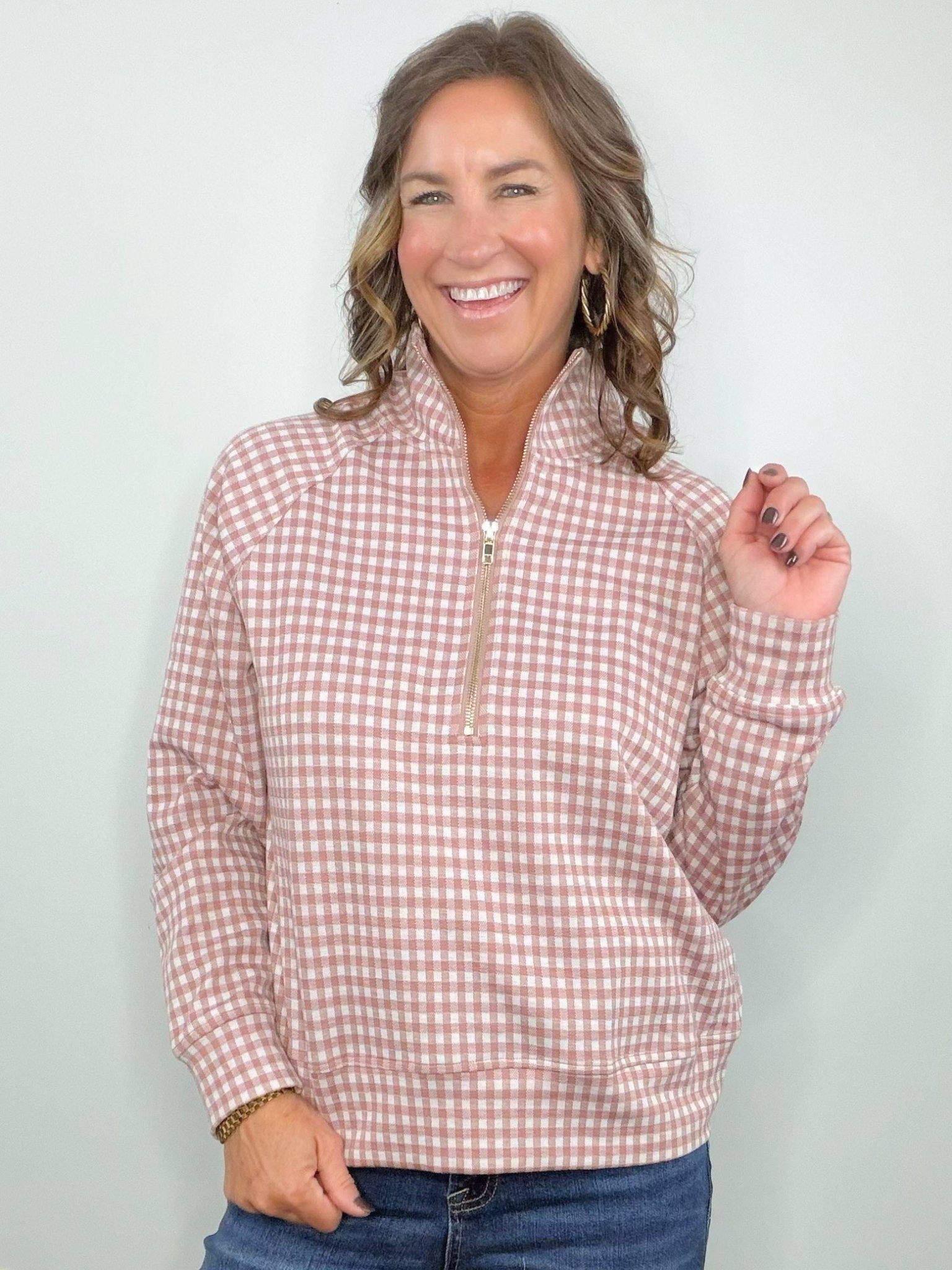 Mauve Gingham Quarter Zip Pullover - Jessi Jayne Boutique