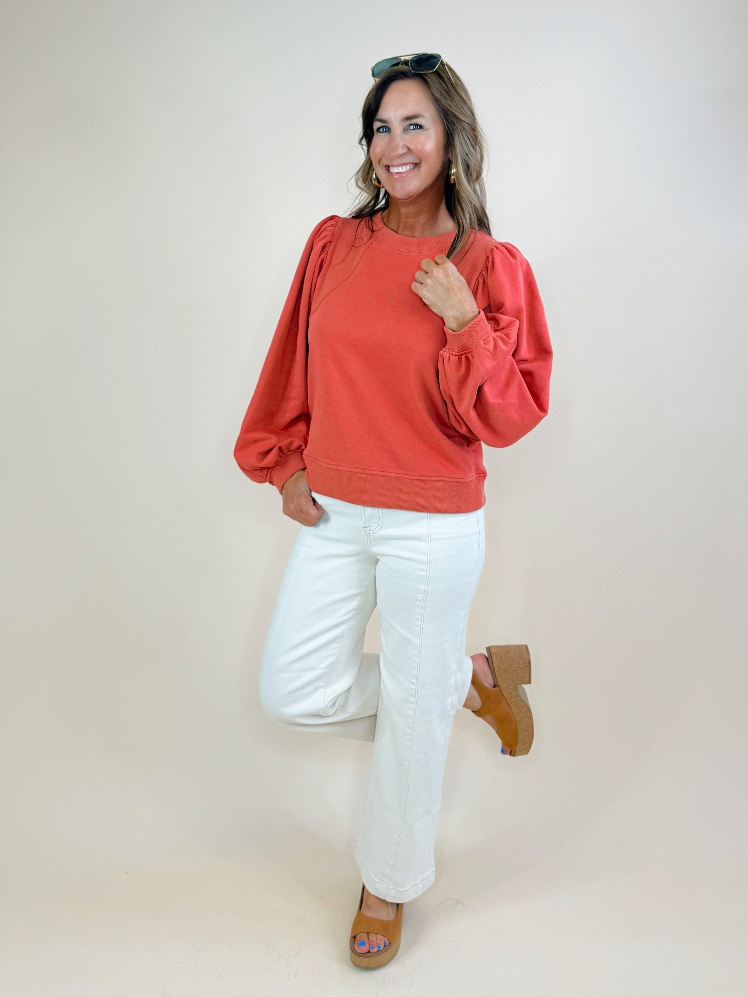 Brick Red Puff Sleeve Sweatshirt - Jessi Jayne Boutique