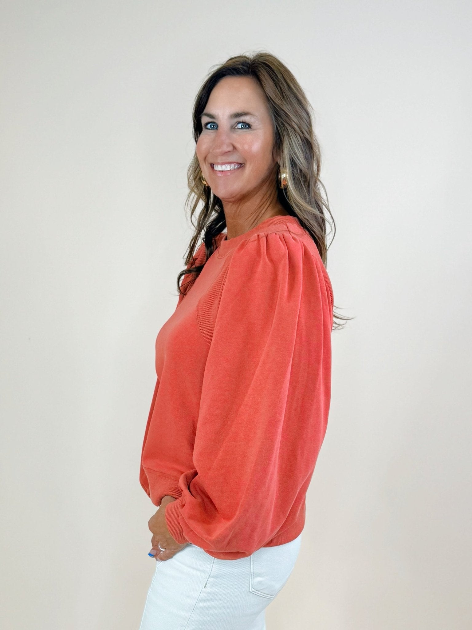 Brick Red Puff Sleeve Sweatshirt - Jessi Jayne Boutique