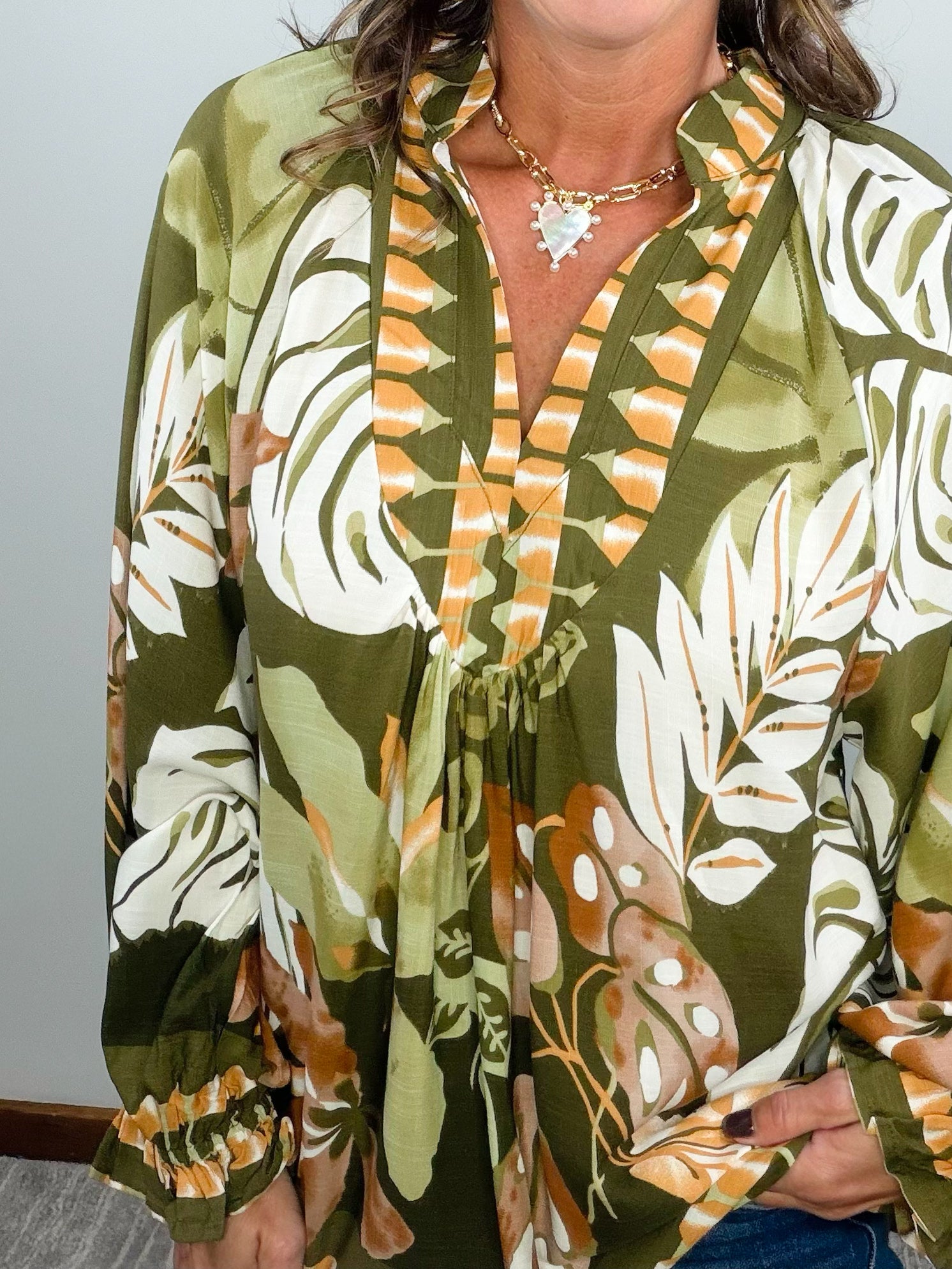 Olive Muse Border Print Blouse - Jessi Jayne Boutique