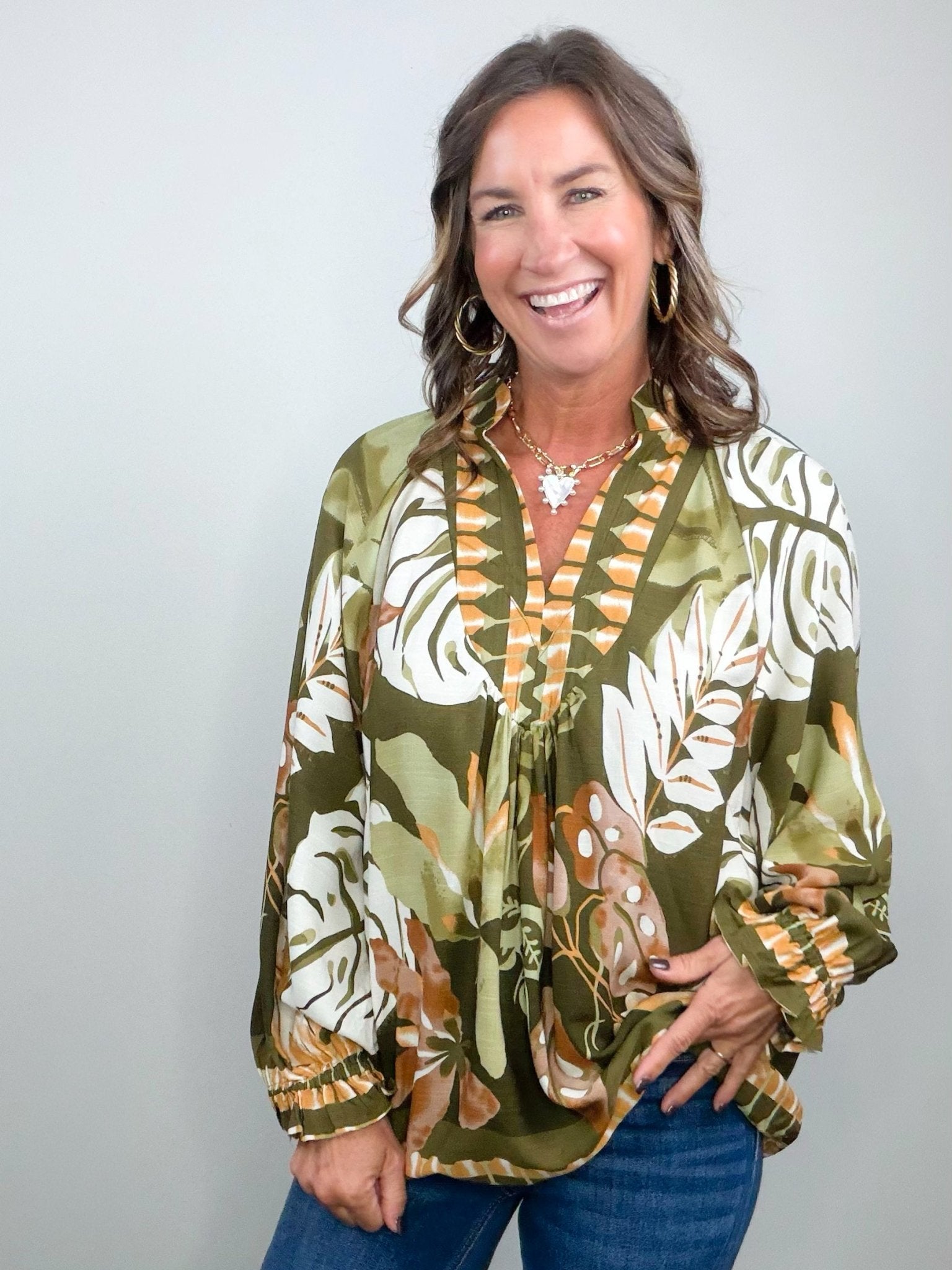 Olive Muse Border Print Blouse - Jessi Jayne Boutique