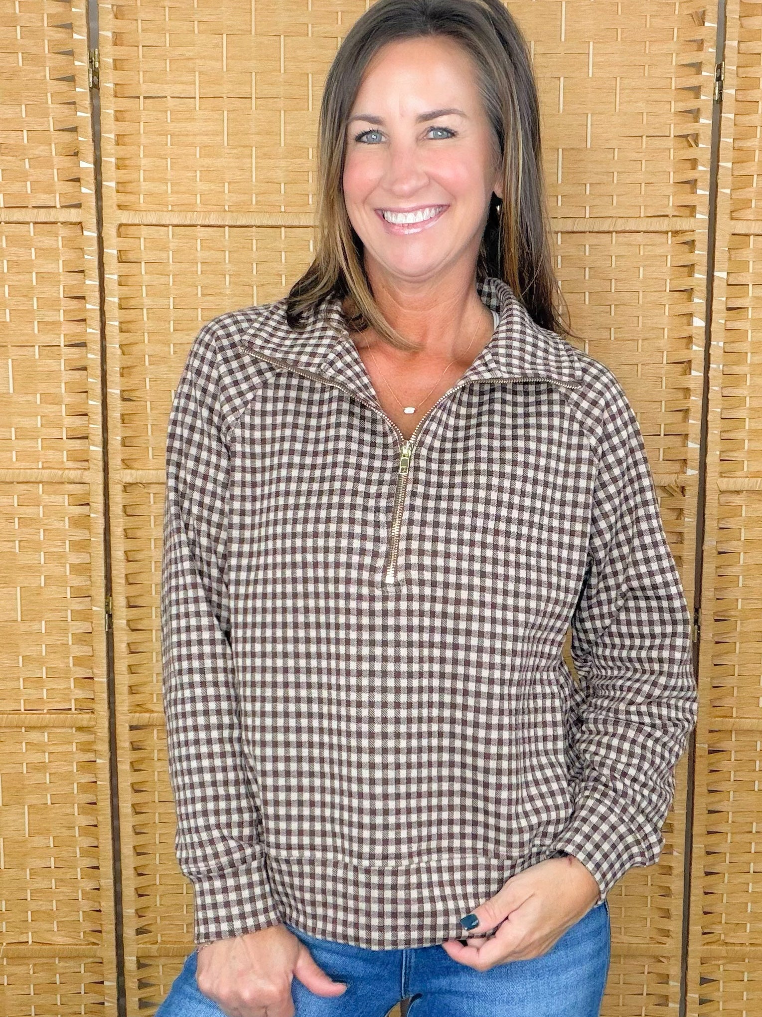 Brown Gingham Quarter Zip Pullover - Jessi Jayne Boutique