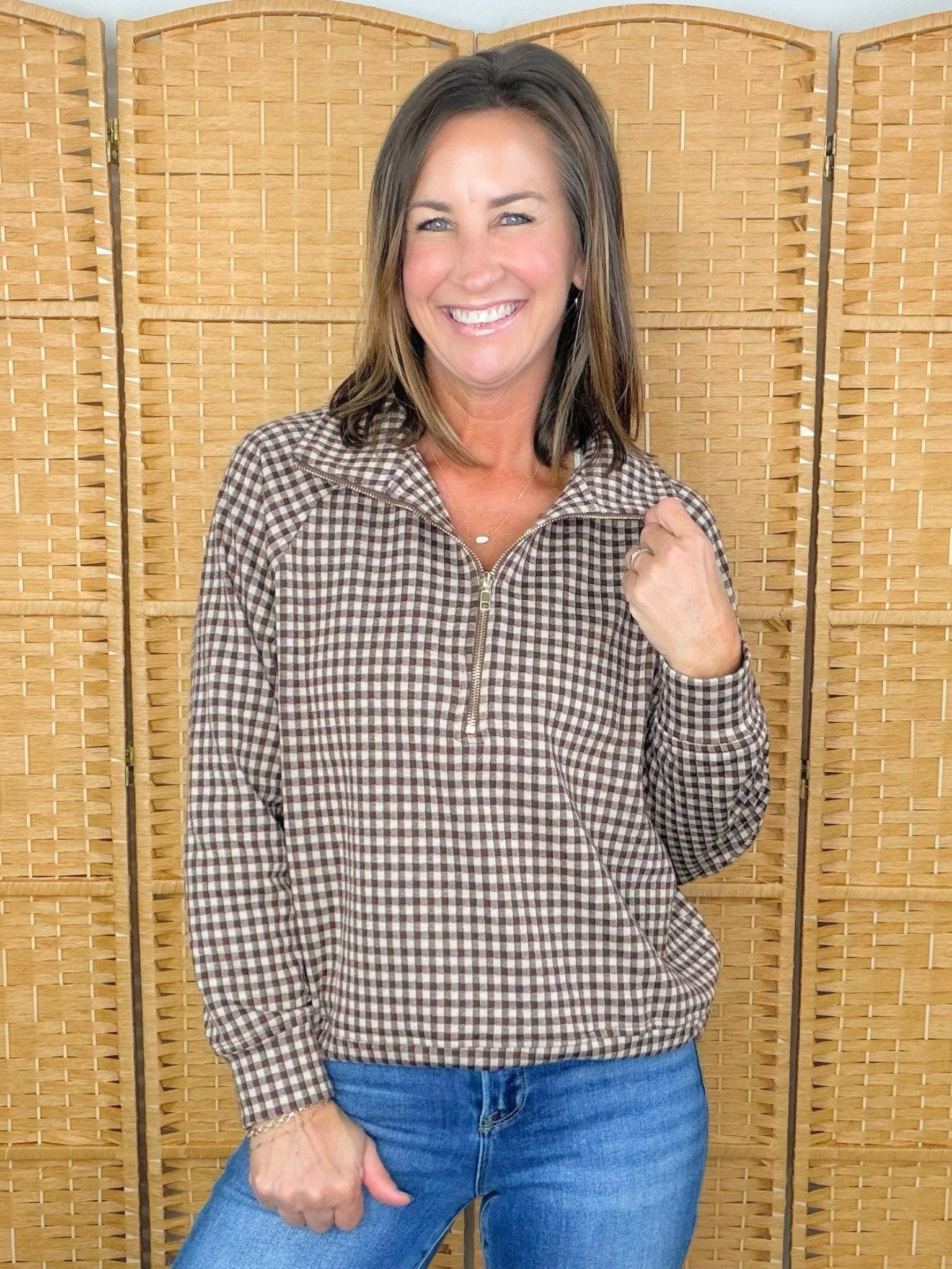 Brown Gingham Quarter Zip Pullover - Jessi Jayne Boutique