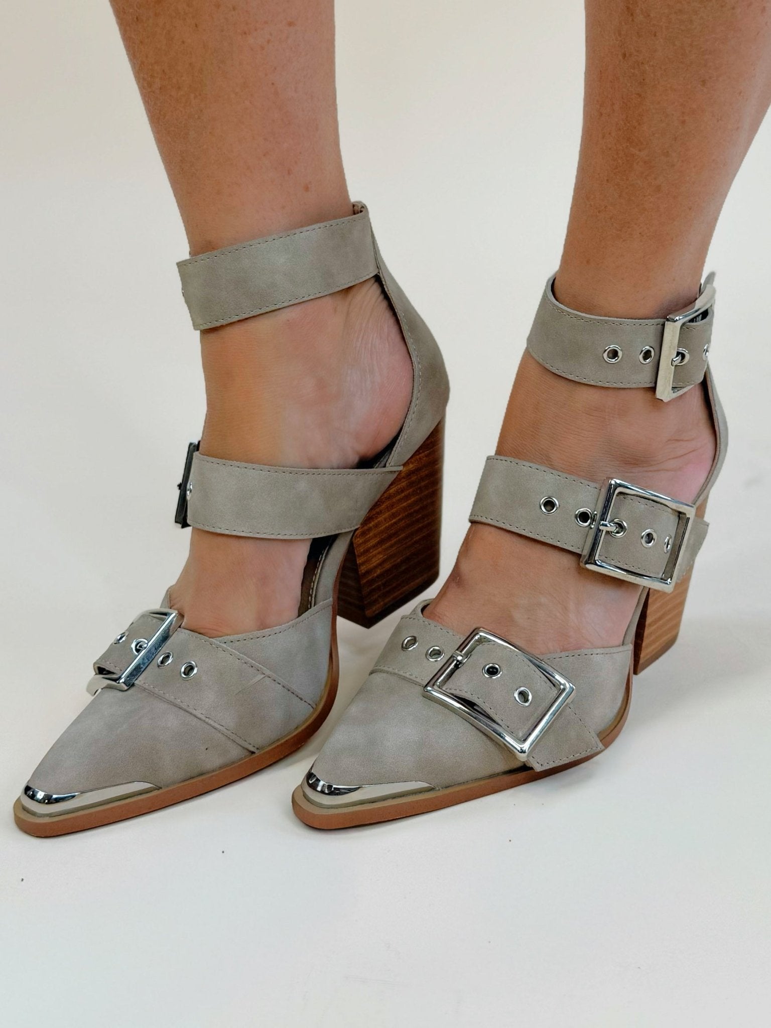 Miim Hendrix Taupe Buckle Heeled Sandal - Jessi Jayne Boutique