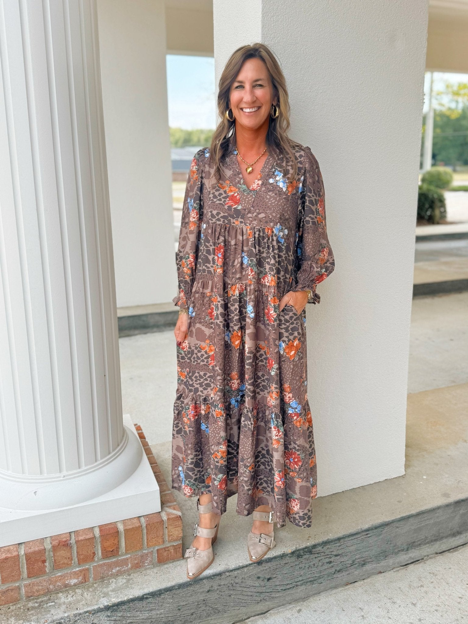 Chocolate Safari Bloom Midi Dress - Jessi Jayne Boutique