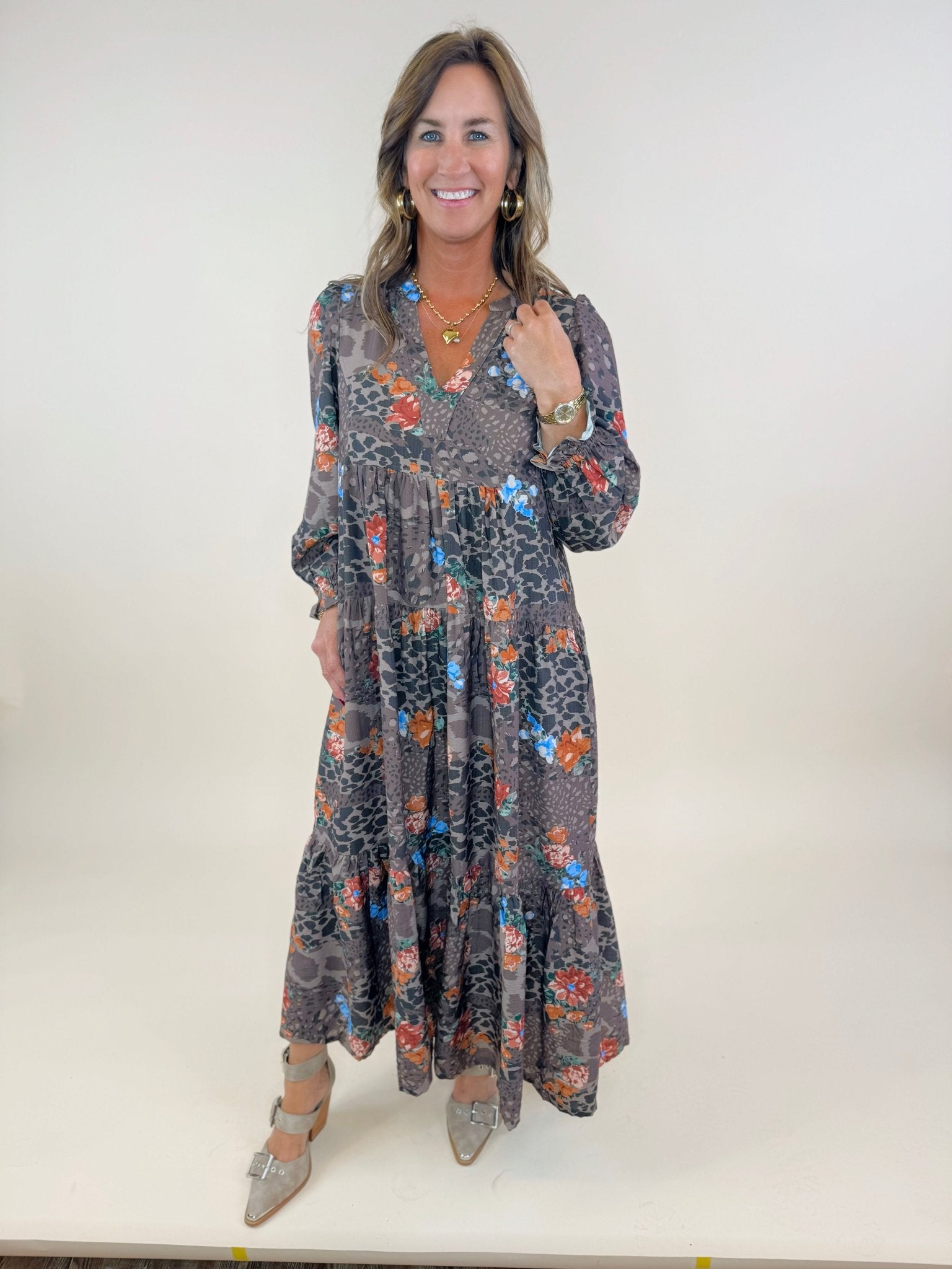 Chocolate Safari Bloom Midi Dress - Jessi Jayne Boutique