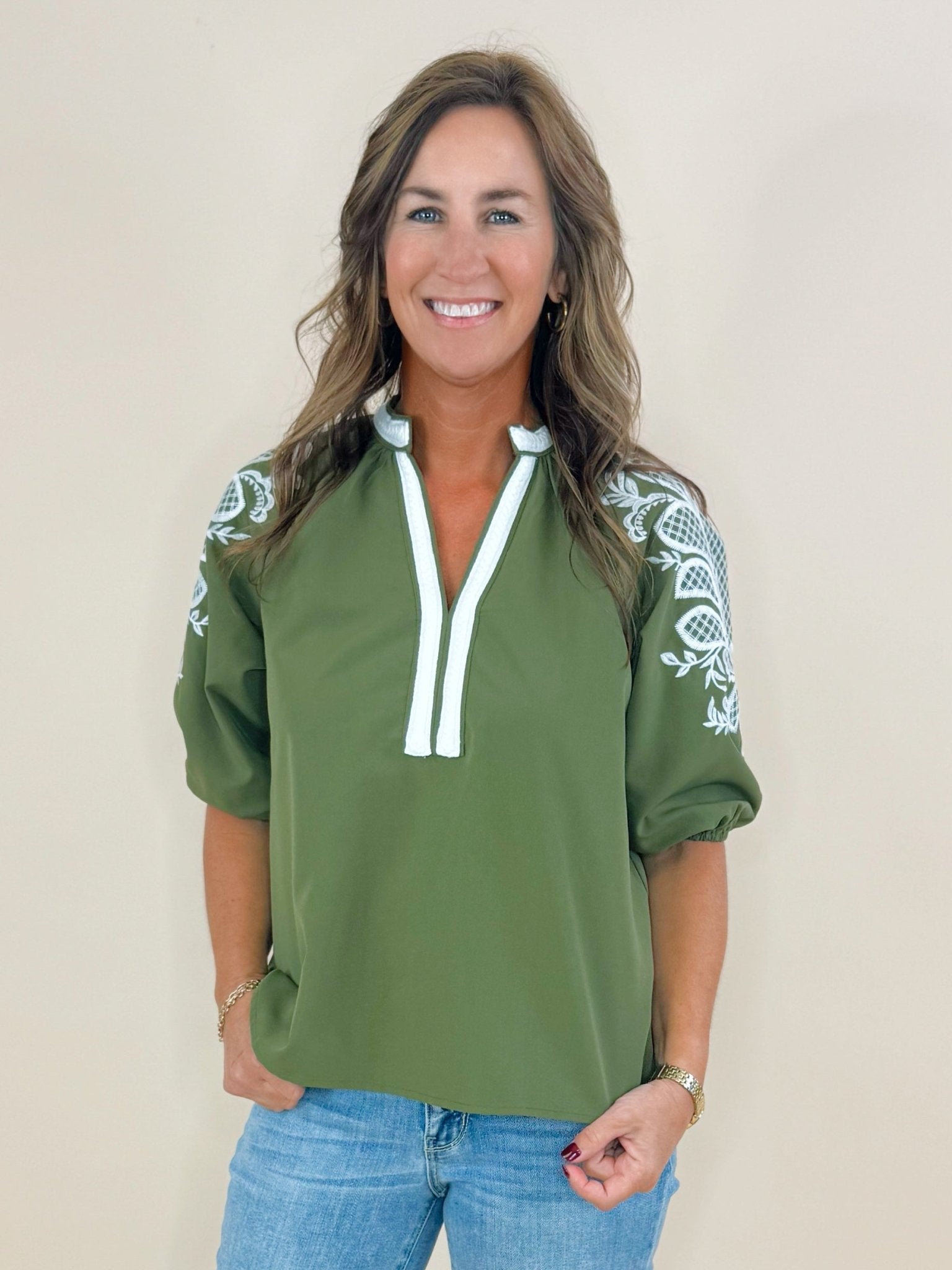 Elena Embroidered V - Neck Top - Jessi Jayne Boutique
