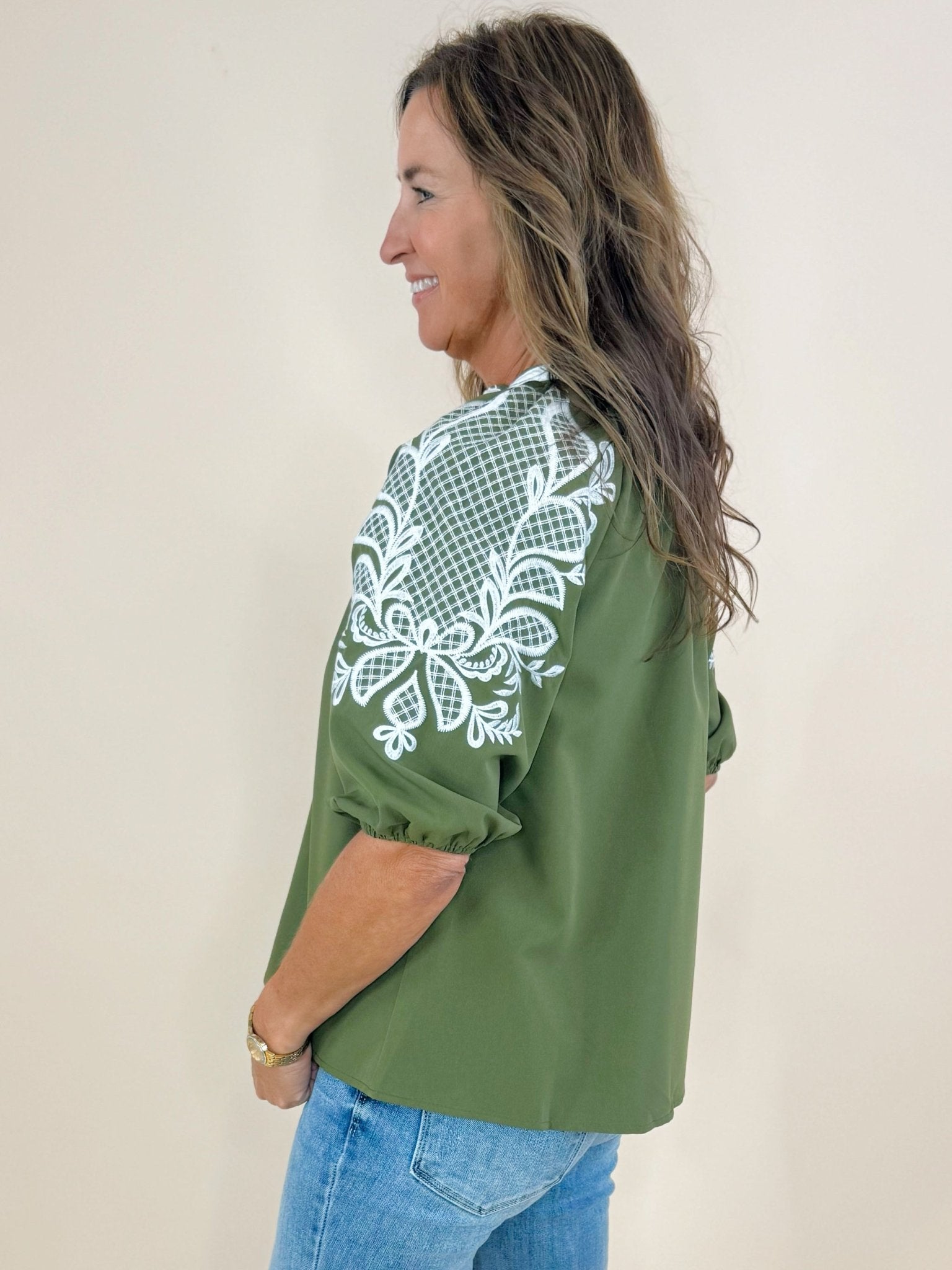 Elena Embroidered V - Neck Top - Jessi Jayne Boutique