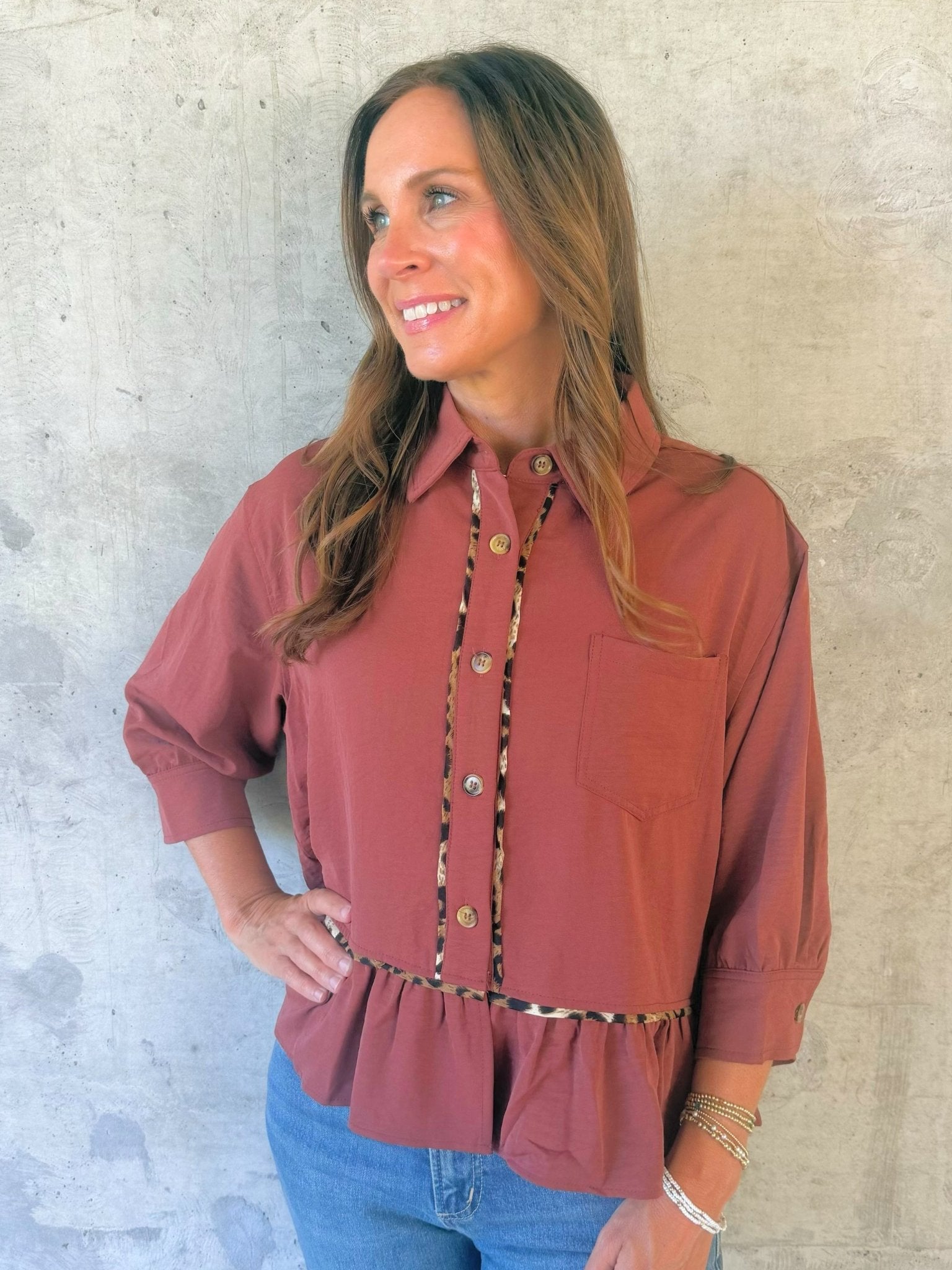 Rust & Roar Leopard-Trim Peplum Top - Jessi Jayne Boutique
