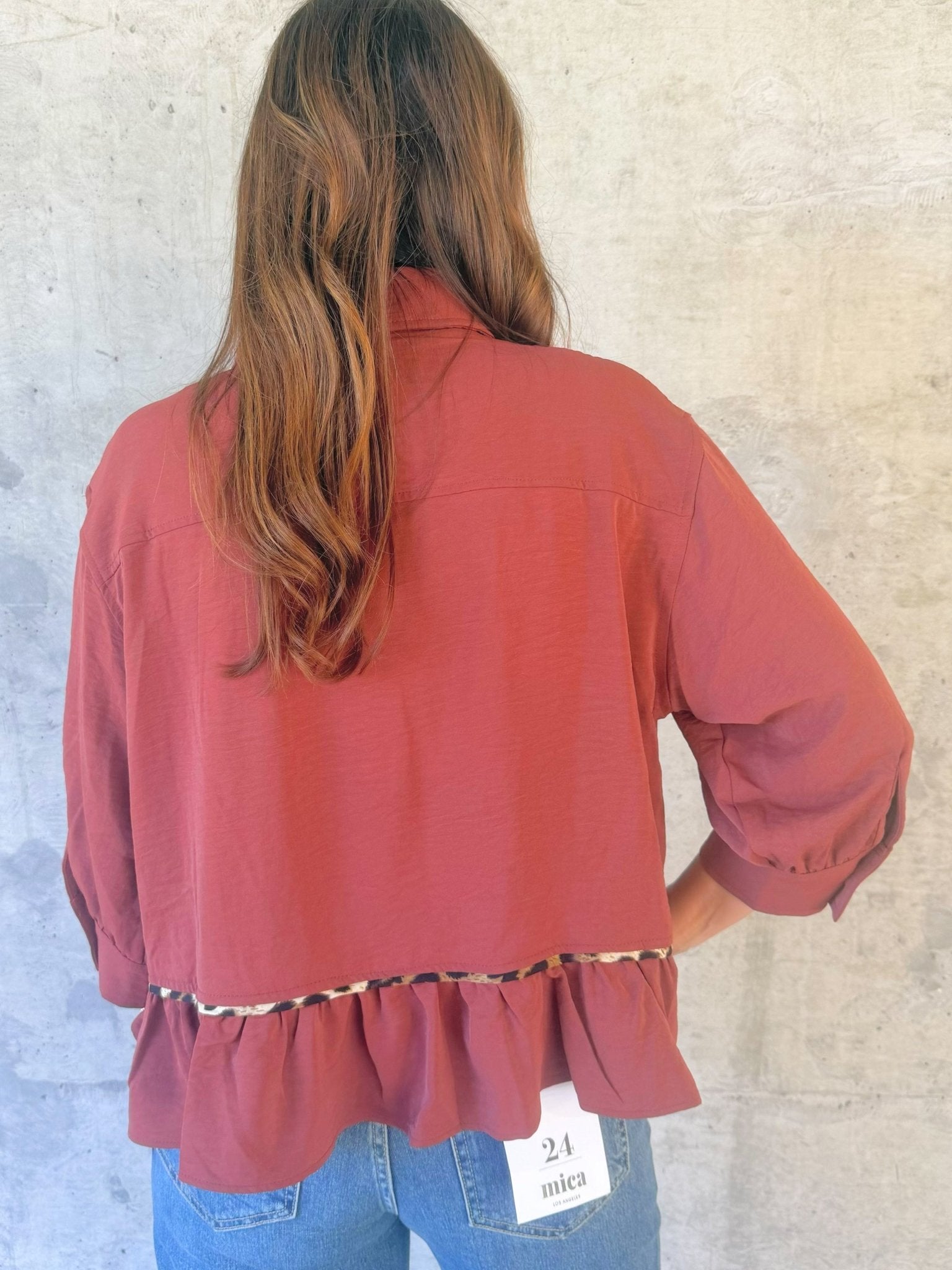 Rust & Roar Leopard-Trim Peplum Top - Jessi Jayne Boutique