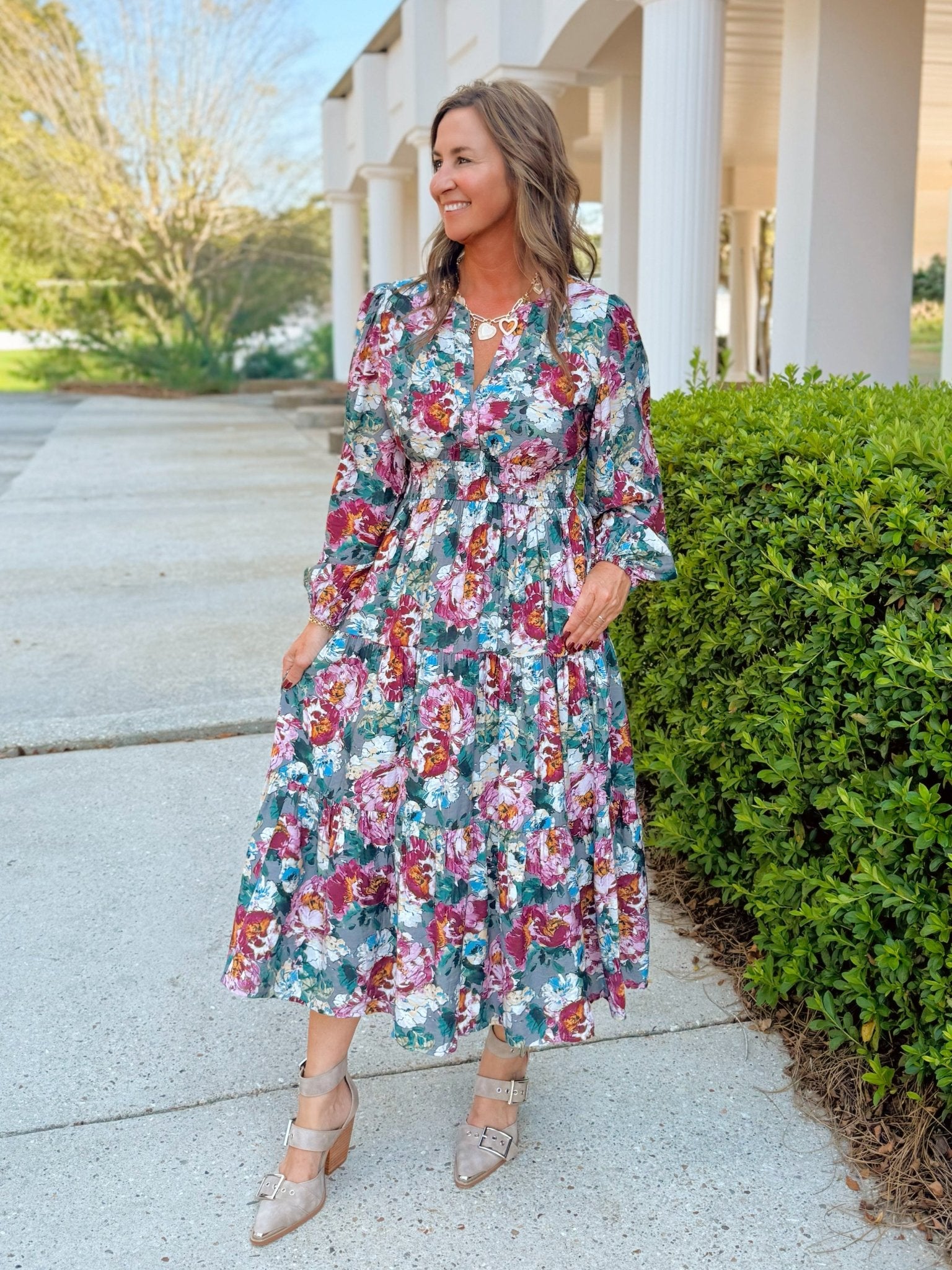 Autumn Bloom Smocked Waist Midi Dress - Jessi Jayne Boutique