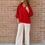 Vivienne Crimson Textured V - Neck Blouse - Jessi Jayne Boutique