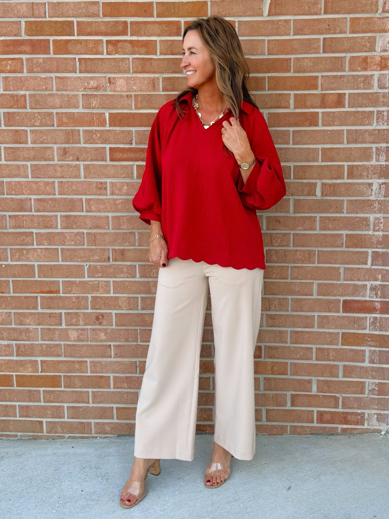 Vivienne Crimson Textured V - Neck Blouse - Jessi Jayne Boutique