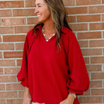 Vivienne Crimson Textured V - Neck Blouse - Jessi Jayne Boutique