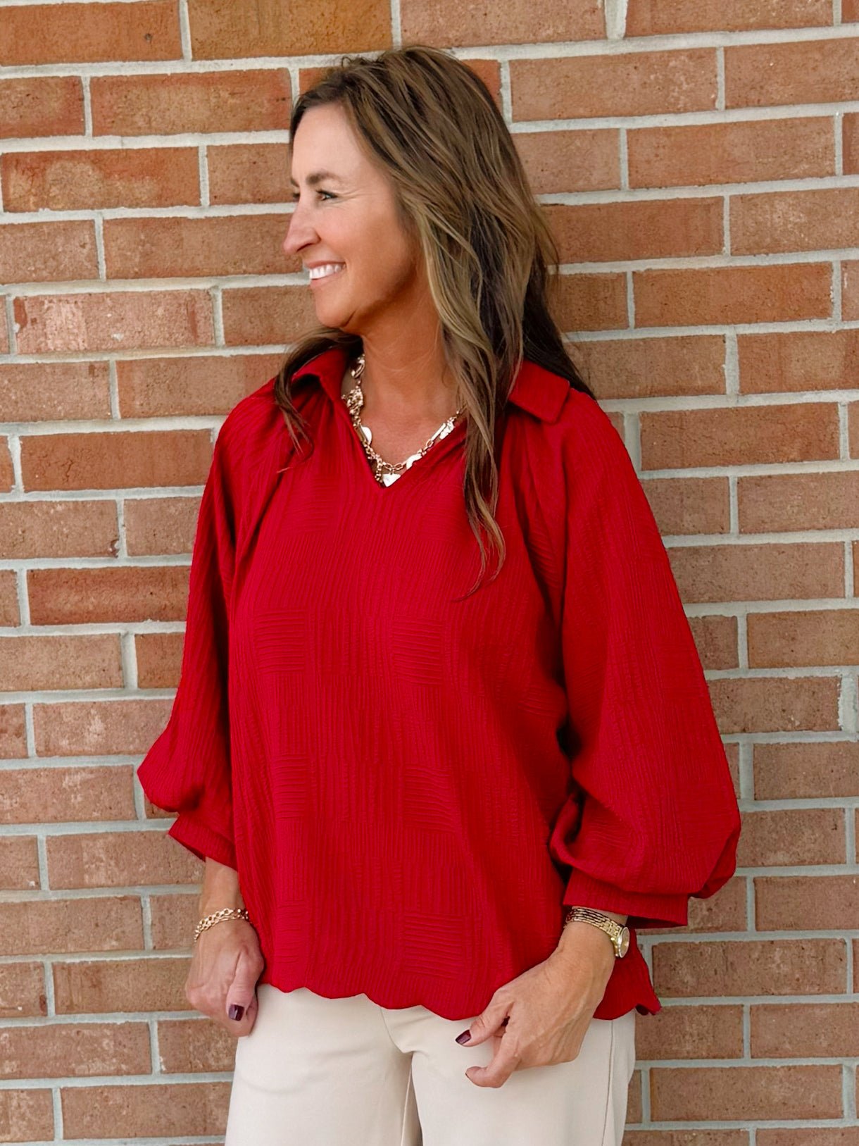 Vivienne Crimson Textured V - Neck Blouse - Jessi Jayne Boutique