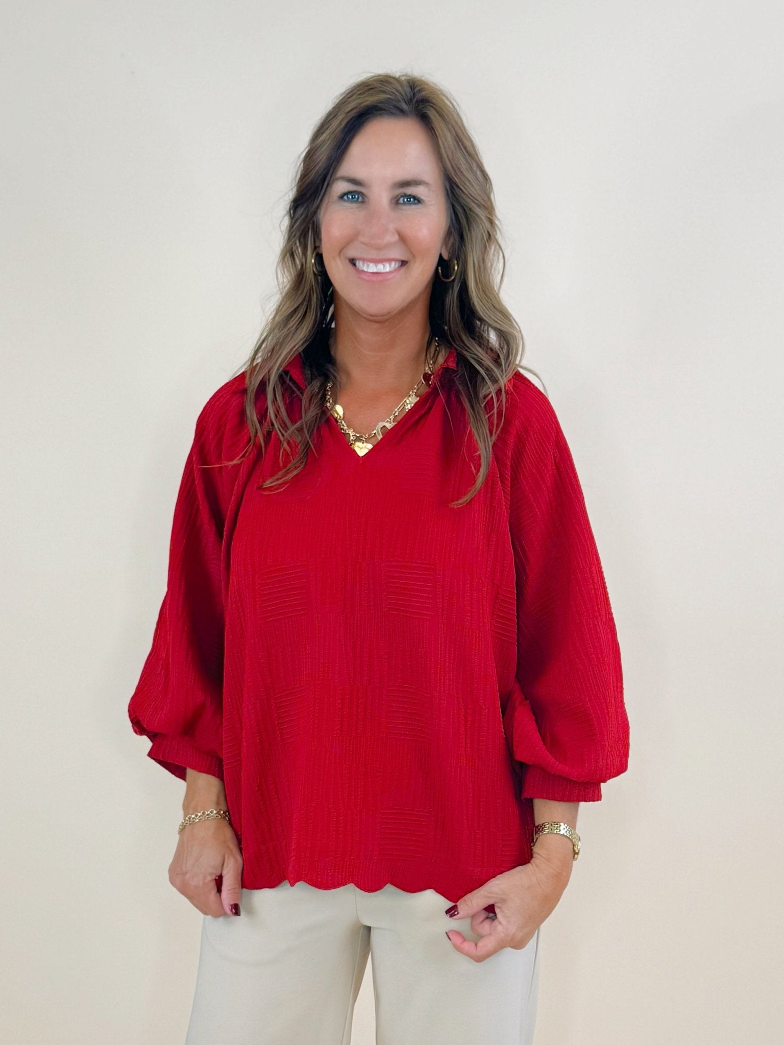 Vivienne Crimson Textured V - Neck Blouse - Jessi Jayne Boutique