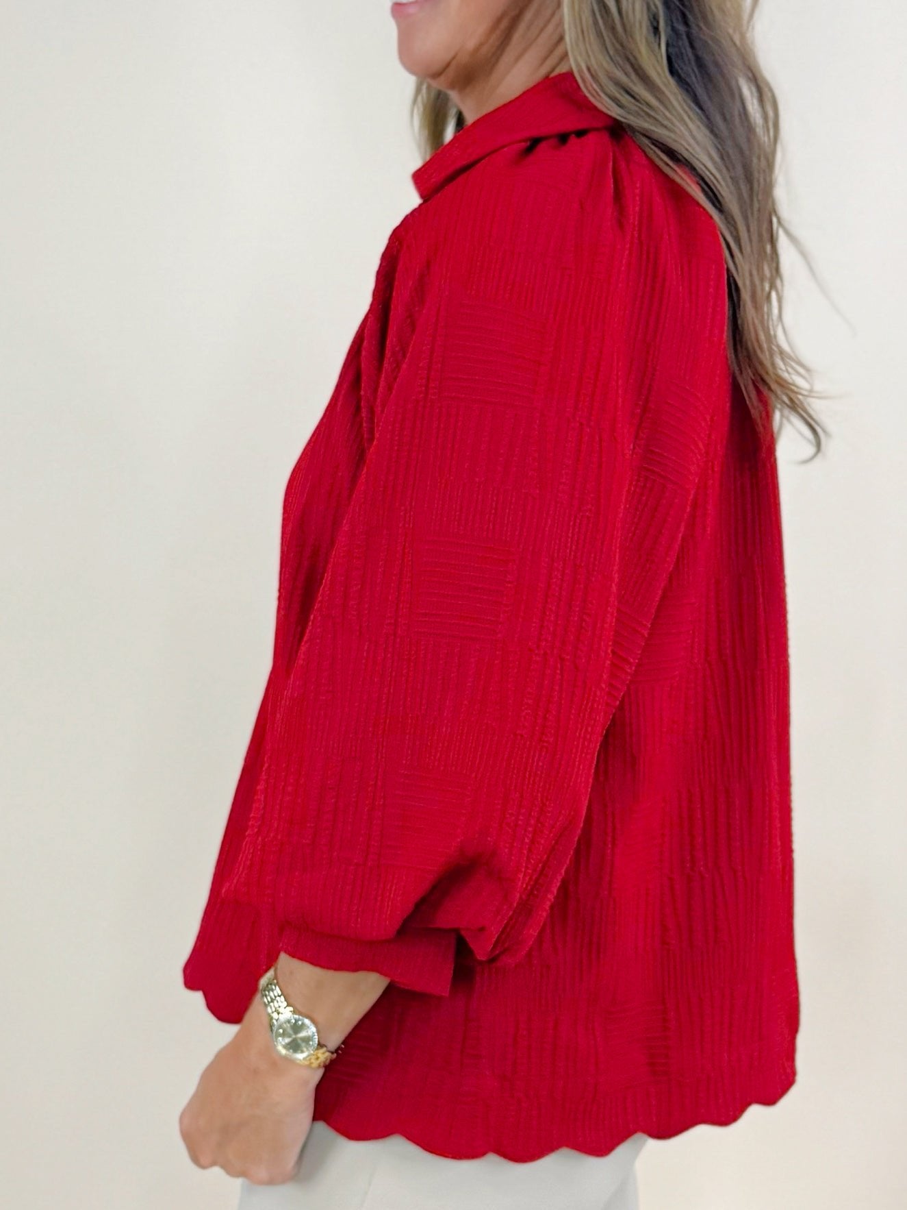 Vivienne Crimson Textured V - Neck Blouse - Jessi Jayne Boutique