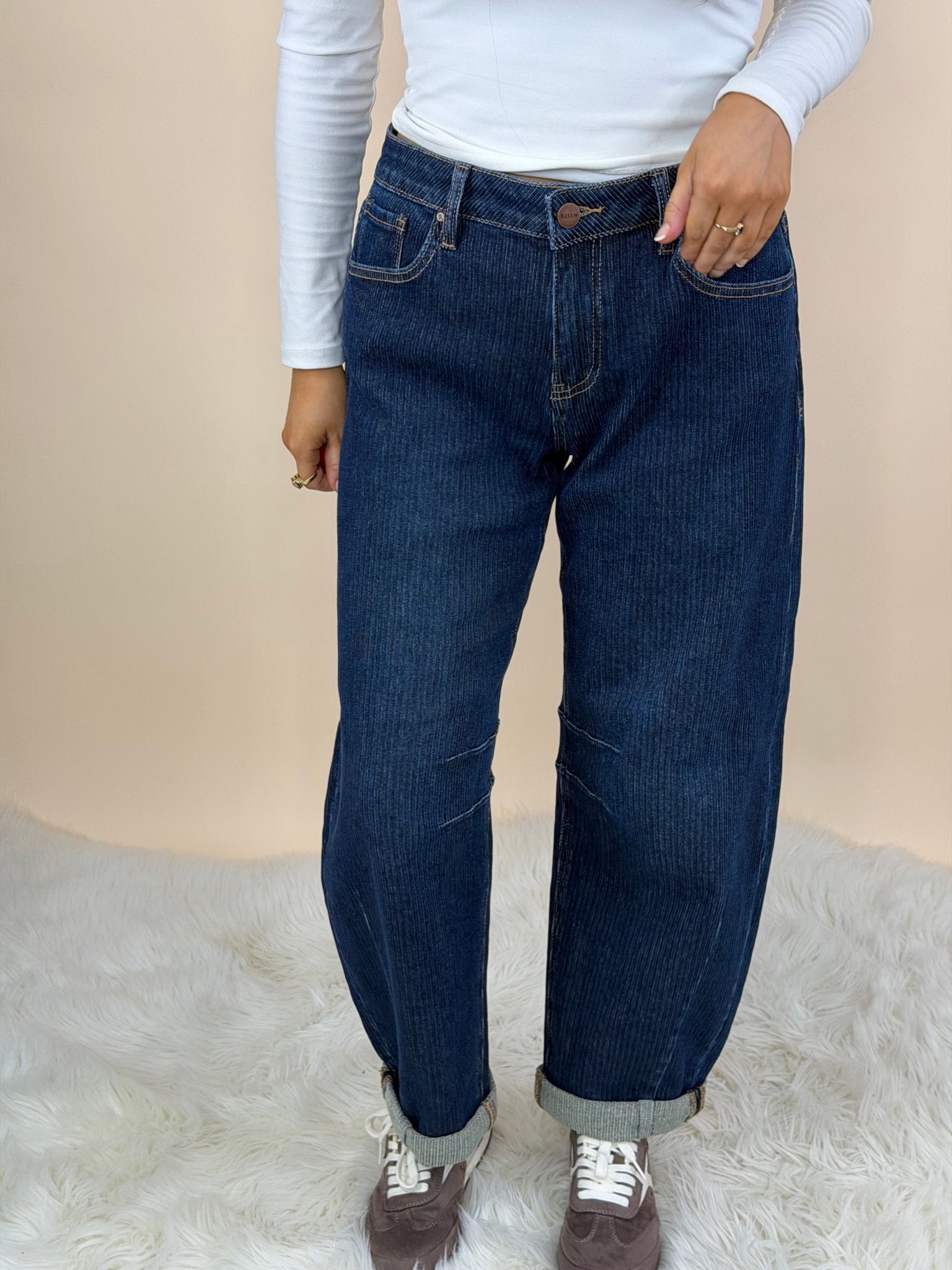 Risen Ribbed Textured Ease Barrel Jeans - Jessi Jayne Boutique