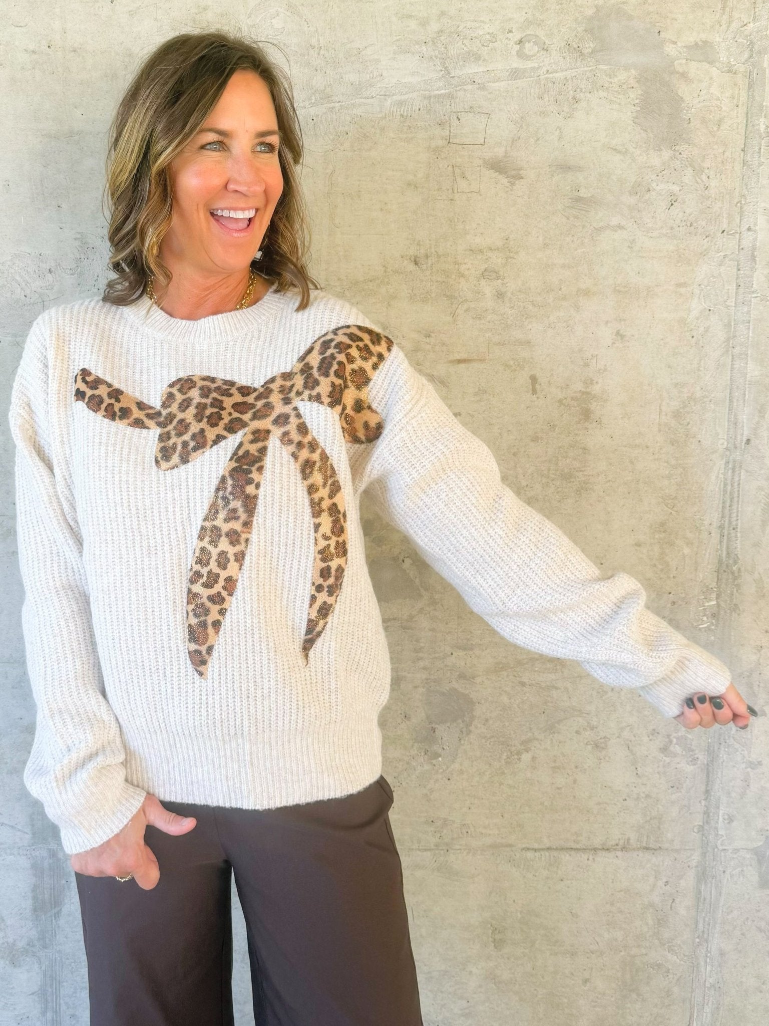 Leopard Bow Charm Sweater - Jessi Jayne Boutique