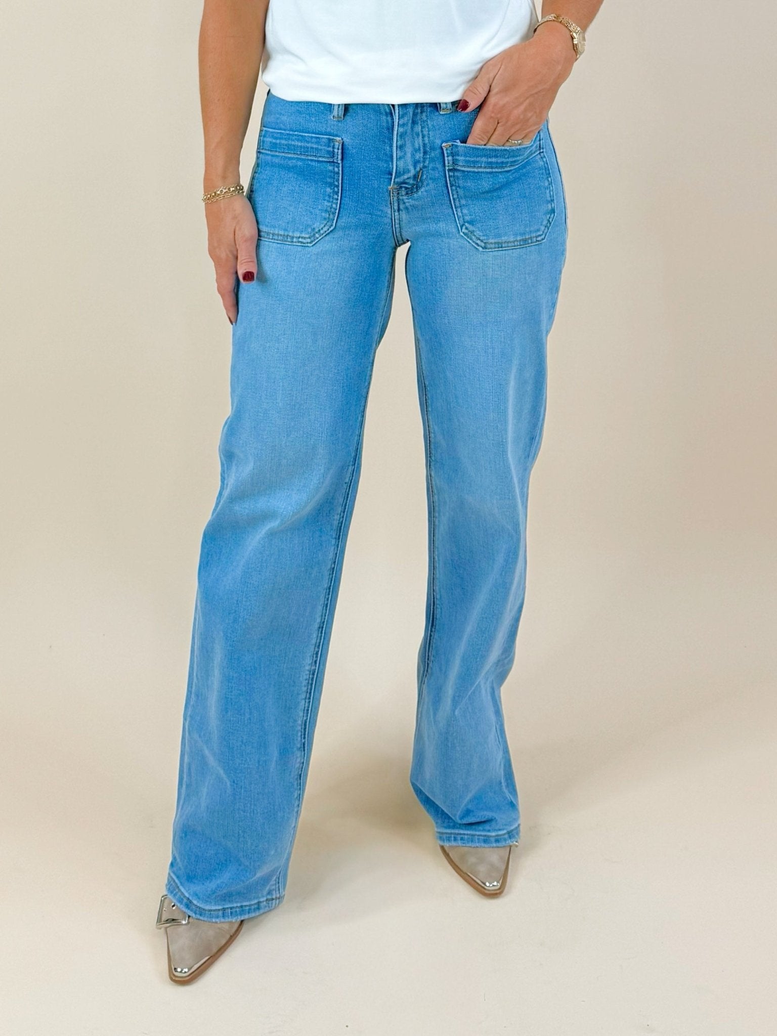 Put You First High Rise Vervet Patch Pocket Wide Leg Jeans 32" Inseam - Jessi Jayne Boutique