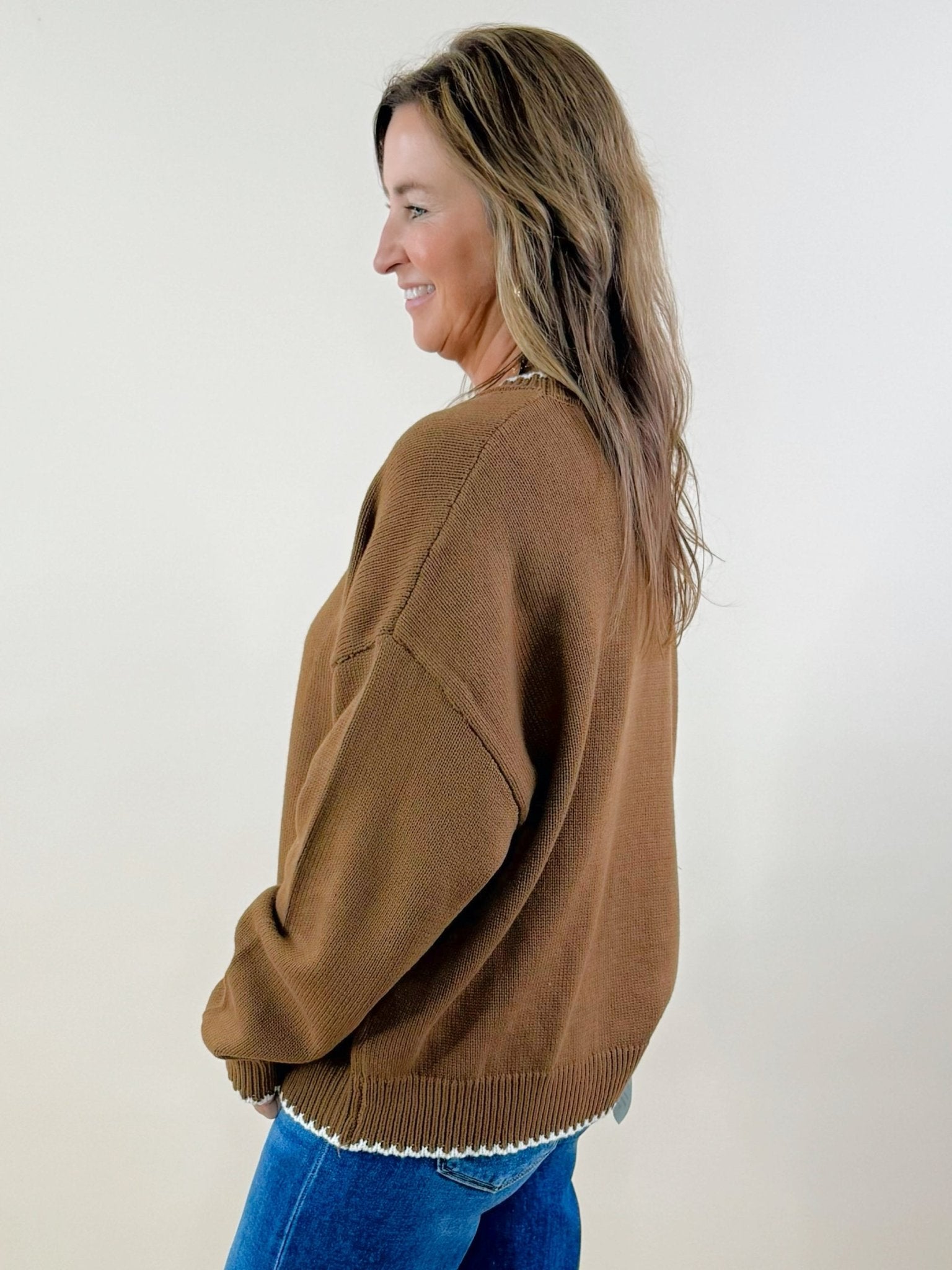 Chestnut Contrast Stitch Pullover - Jessi Jayne Boutique