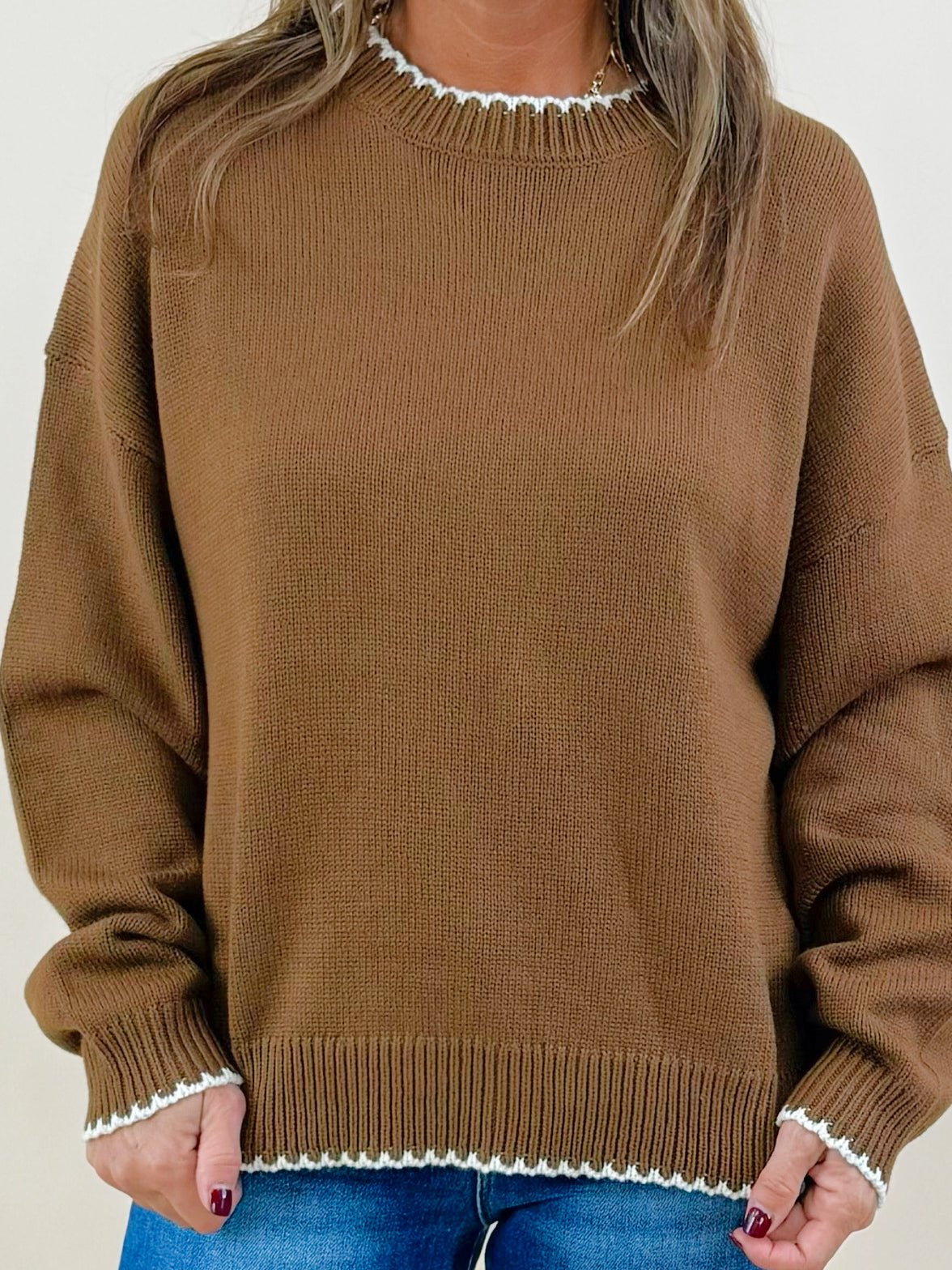 Chestnut Contrast Stitch Pullover - Jessi Jayne Boutique